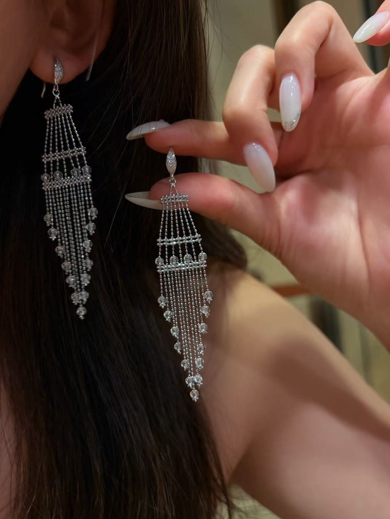Italian Lace Crystal Tassel Earrings - Handcrafted S925 Sterling Silver Baroque Chandelier Earrings - floysun