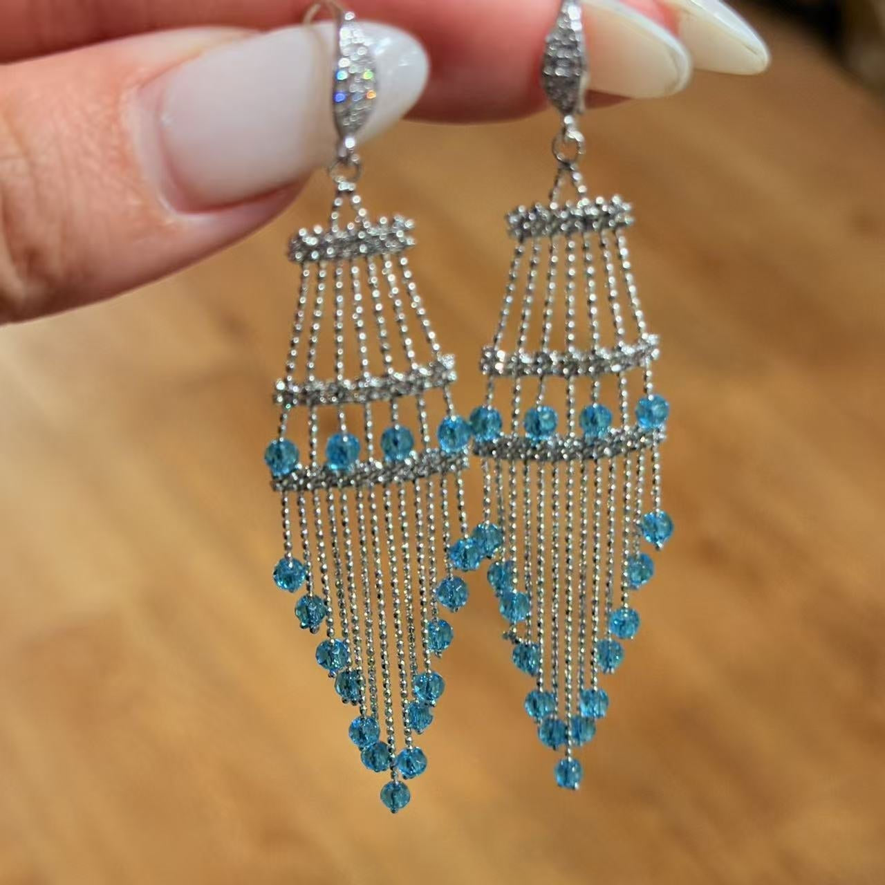 Italian Lace Crystal Tassel Earrings - Handcrafted S925 Sterling Silver Baroque Chandelier Earrings - floysun