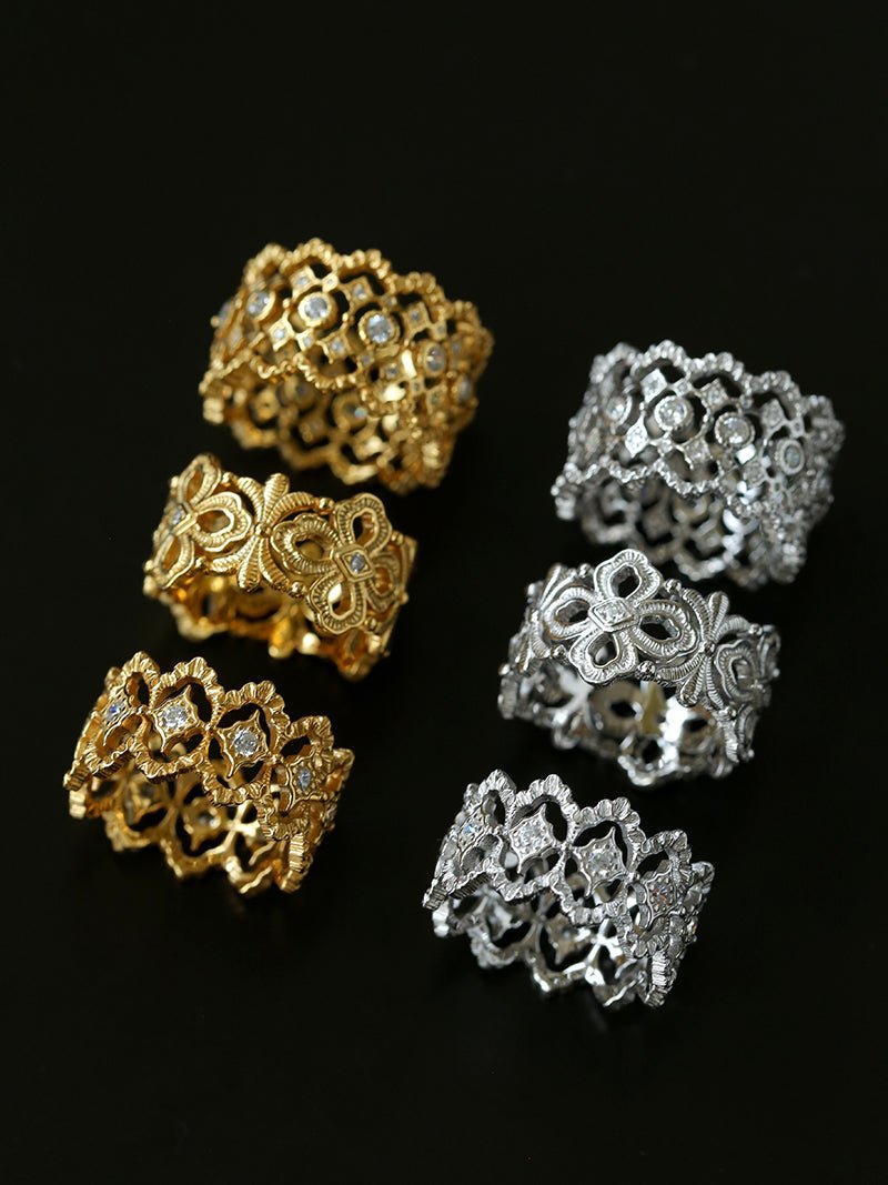 Italian Lace - Inspired Hollow Flower Band Ring - Gold - floysun
