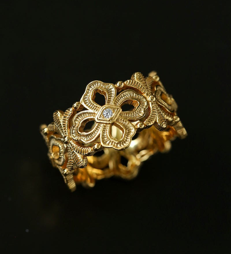 Italian Lace - Inspired Hollow Flower Band Ring - Gold - floysun