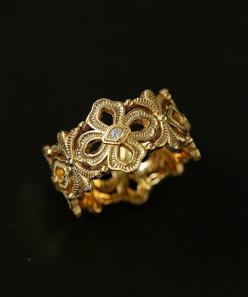 Italian Lace - Inspired Hollow Flower Band Ring - Gold - floysun