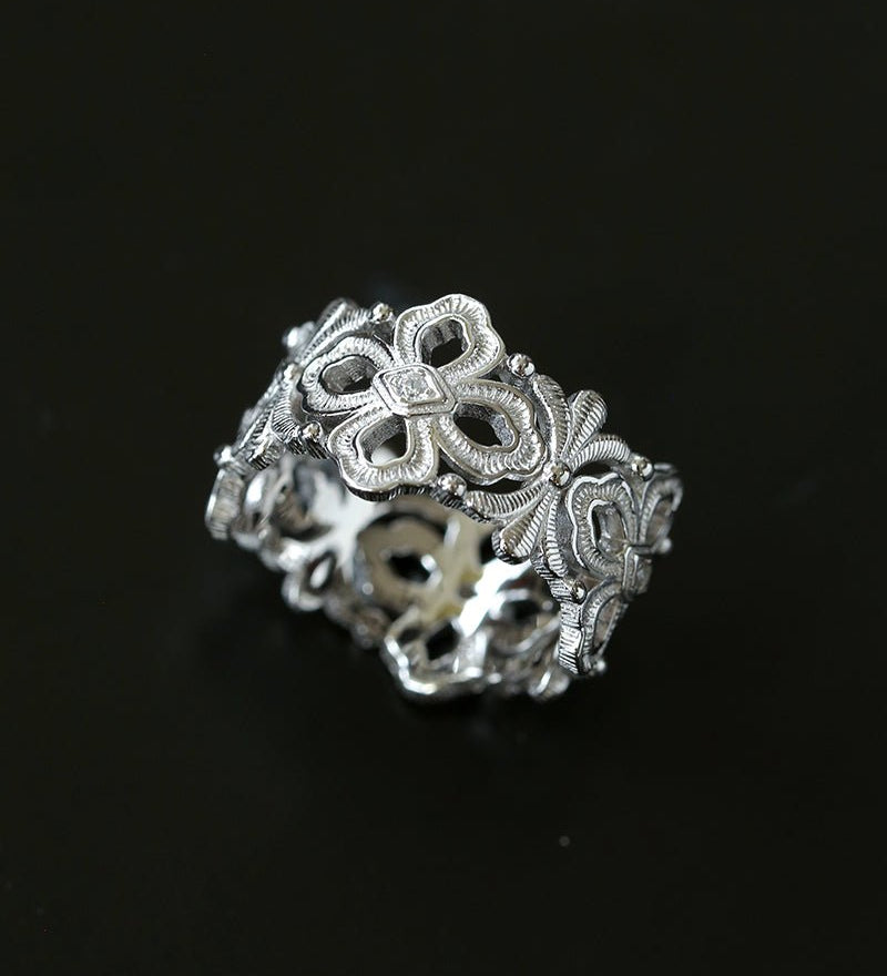 Italian Lace - Inspired Hollow Flower Band Ring - Silver - floysun