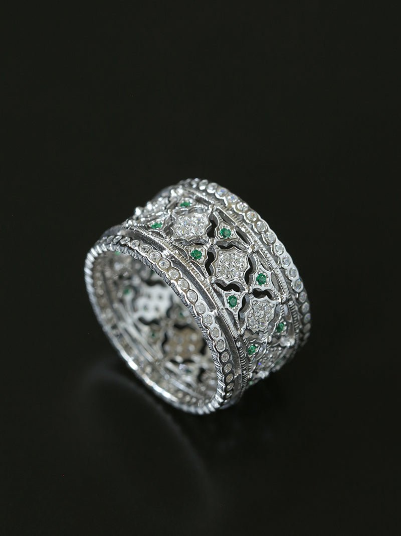 Italian Lace - Inspired Wide Band Ring Green Stone Inlay - Silver - floysun