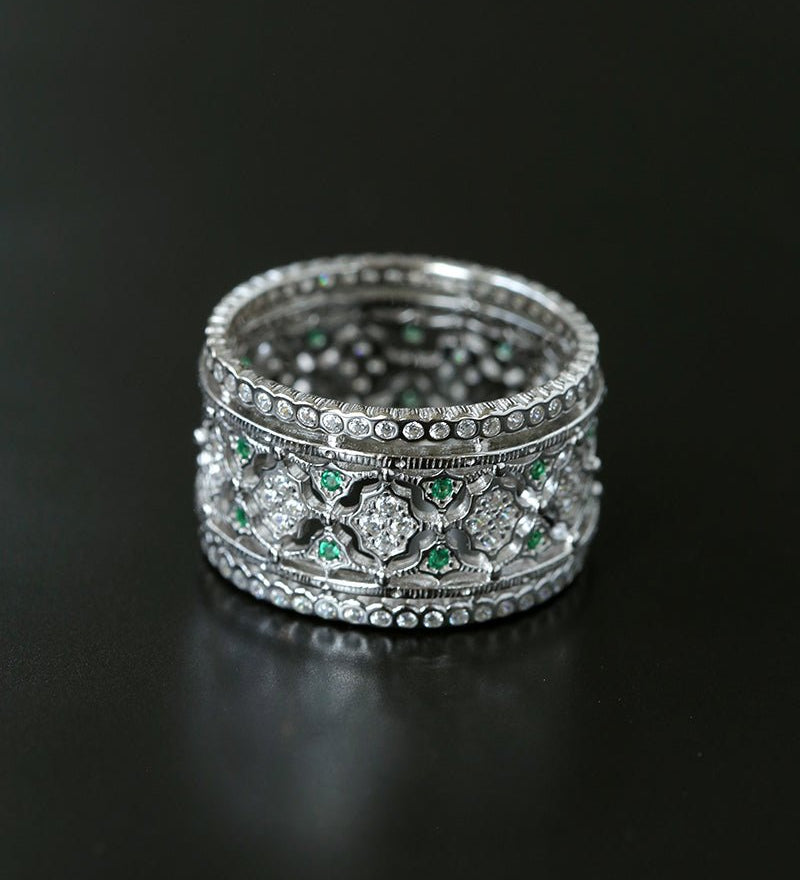 Italian Lace - Inspired Wide Band Ring Green Stone Inlay - Silver - floysun