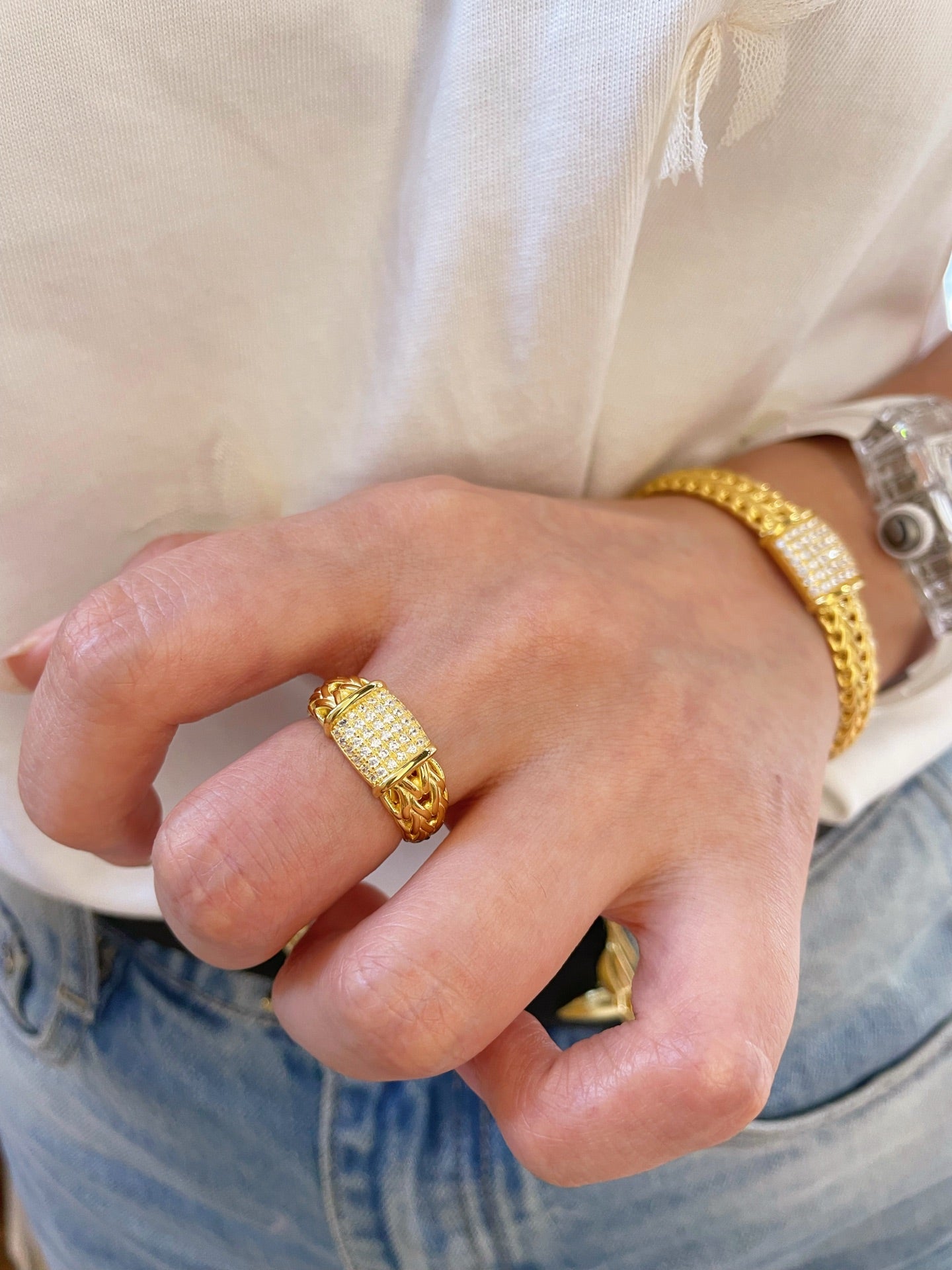 Italian Vintage Braided Ring Full Pavé Twisted Rope Design - floysun