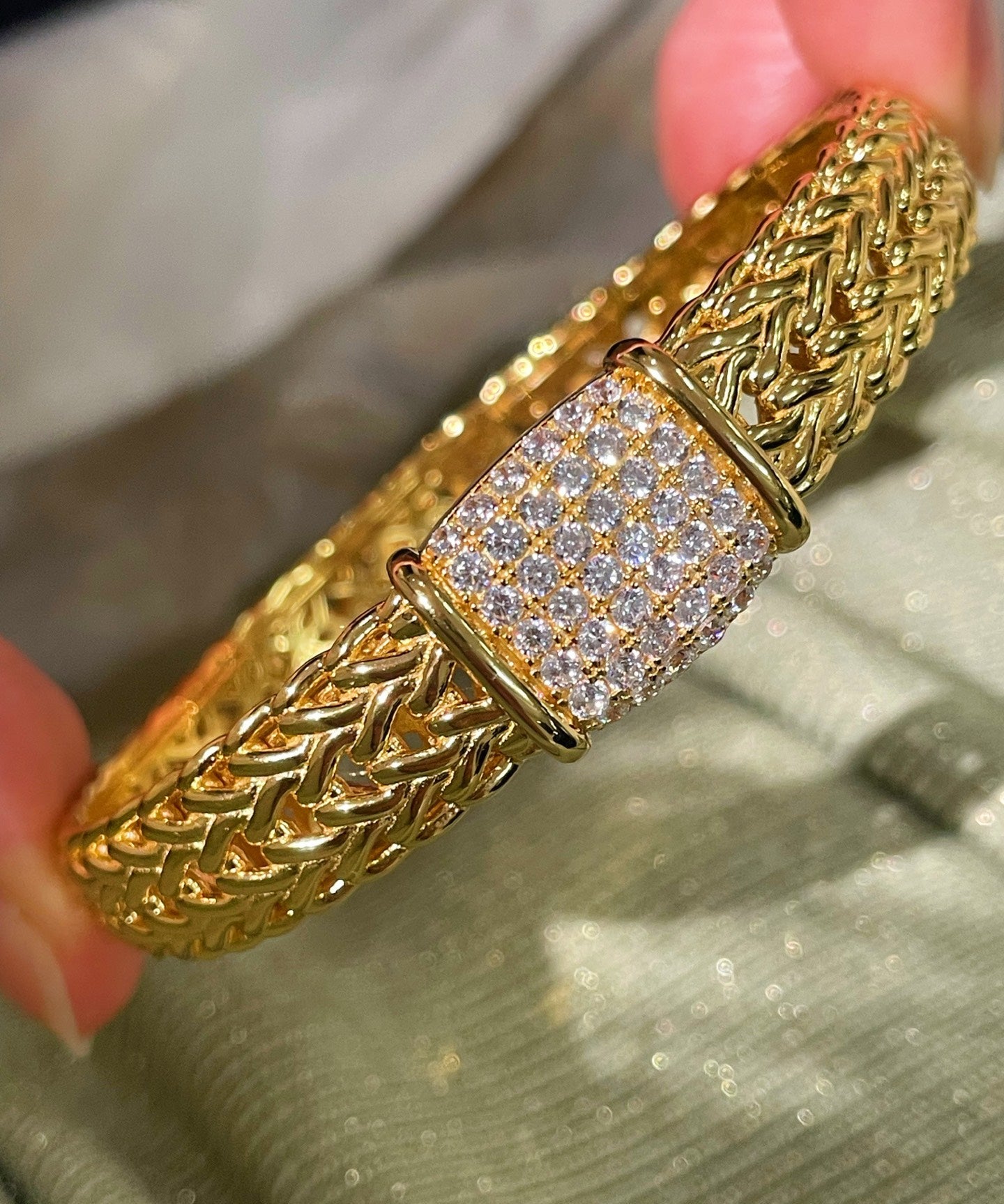 Italian Vintage - Inspired Braided Diamond Cuff Bracelet - floysun