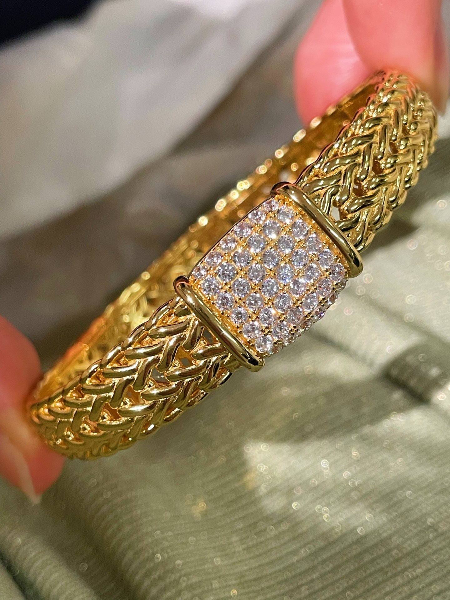 Italian Vintage - Inspired Braided Diamond Cuff Bracelet - floysun