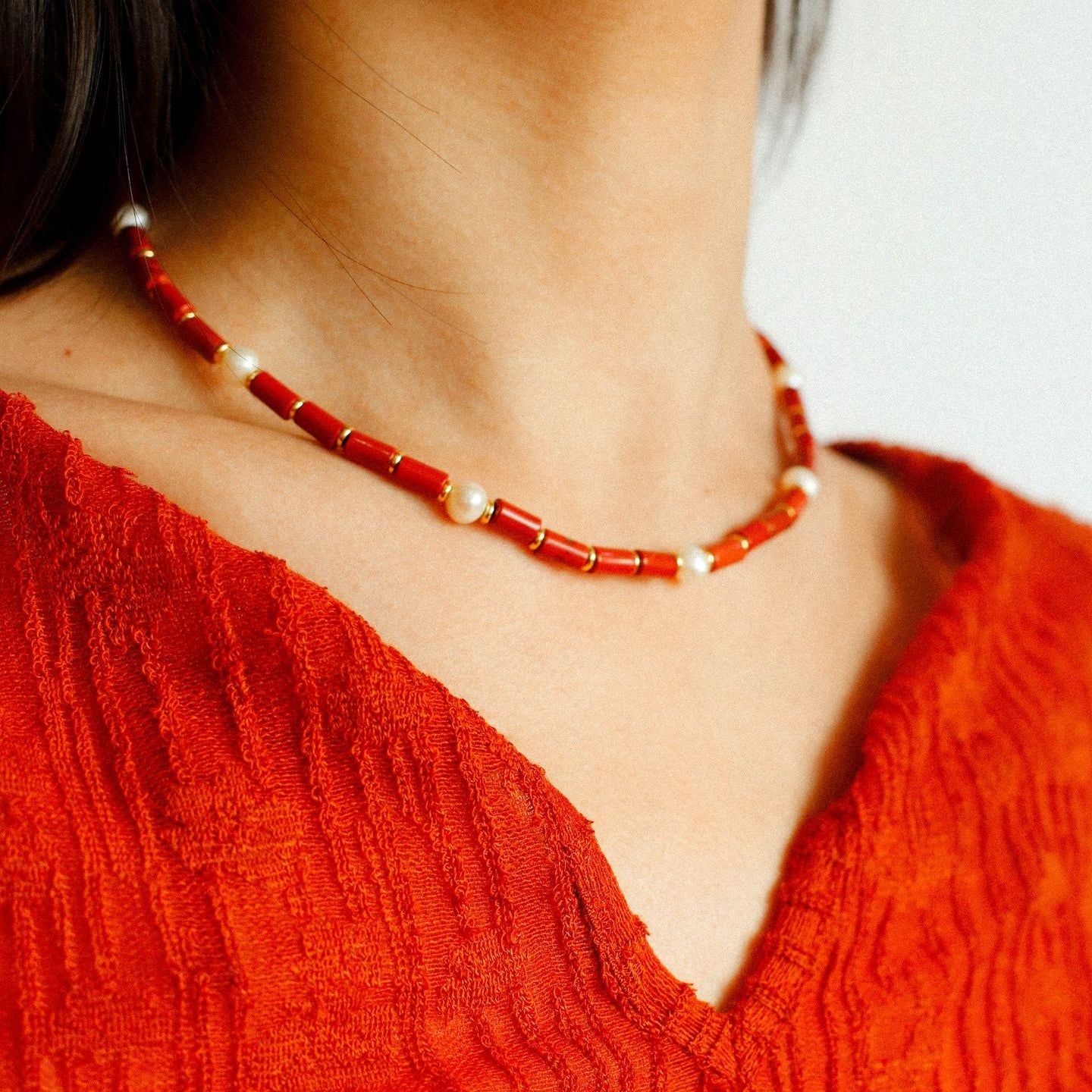Joyful Red Stone Round Bead and Pearl Bead Beaded Necklace - floysun