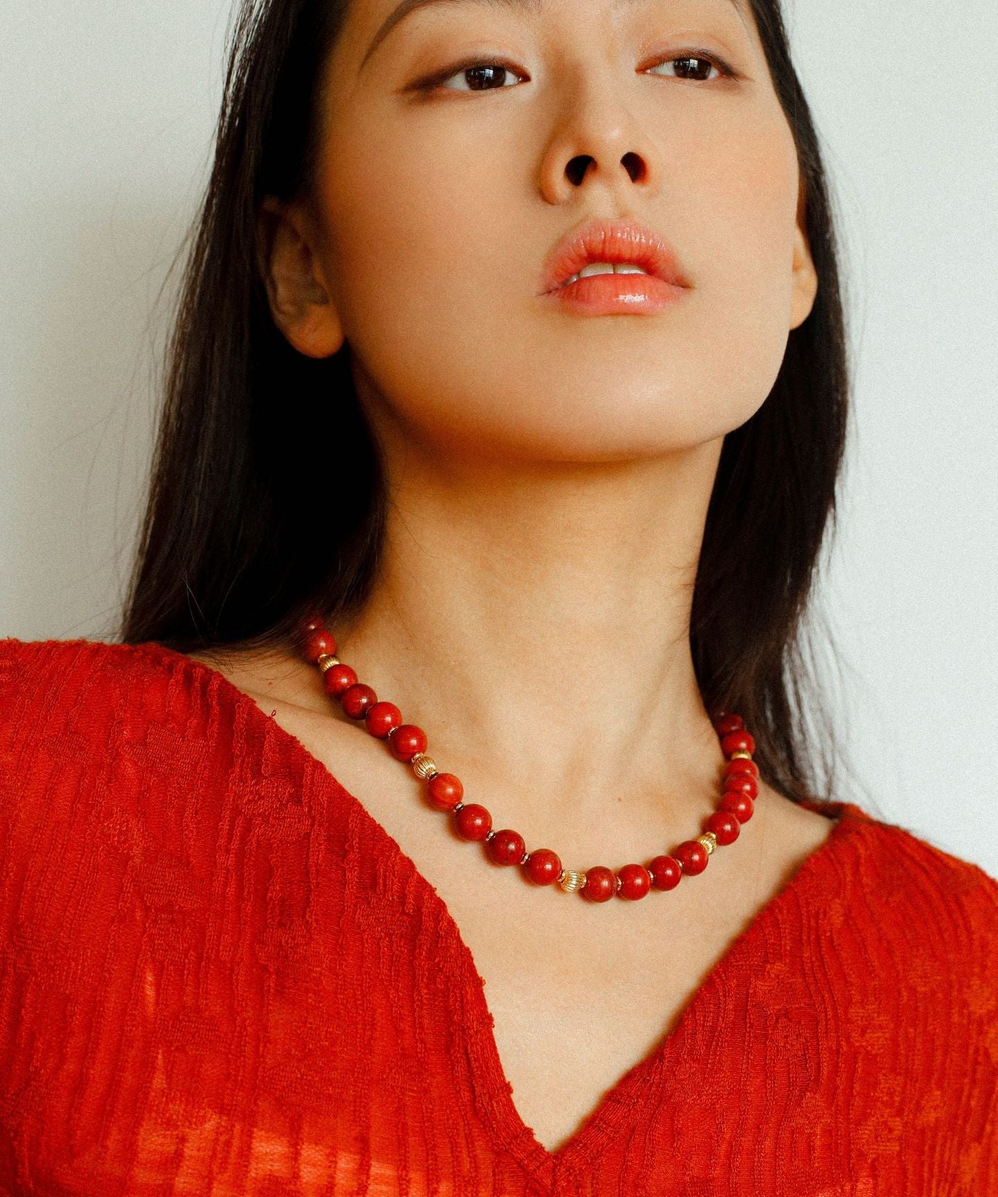 Joyful Red Stone Round Bead and Pearl Bead Beaded Necklace - floysun