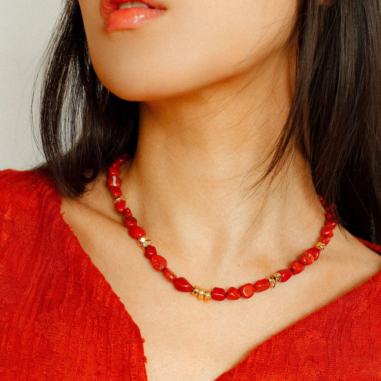 Joyful Red Stone Round Bead and Pearl Bead Beaded Necklace - floysun