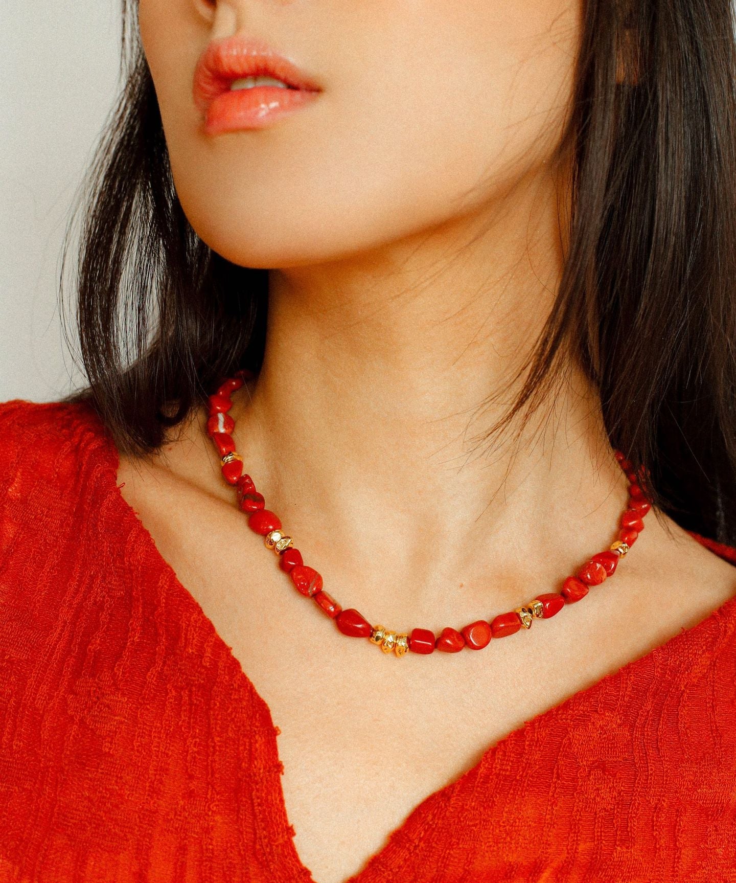 Joyful Red Stone Round Bead and Pearl Bead Beaded Necklace - floysun