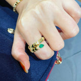 K - Yellow Gold Serpent Green Chalcedony Stretch Ring - floysun