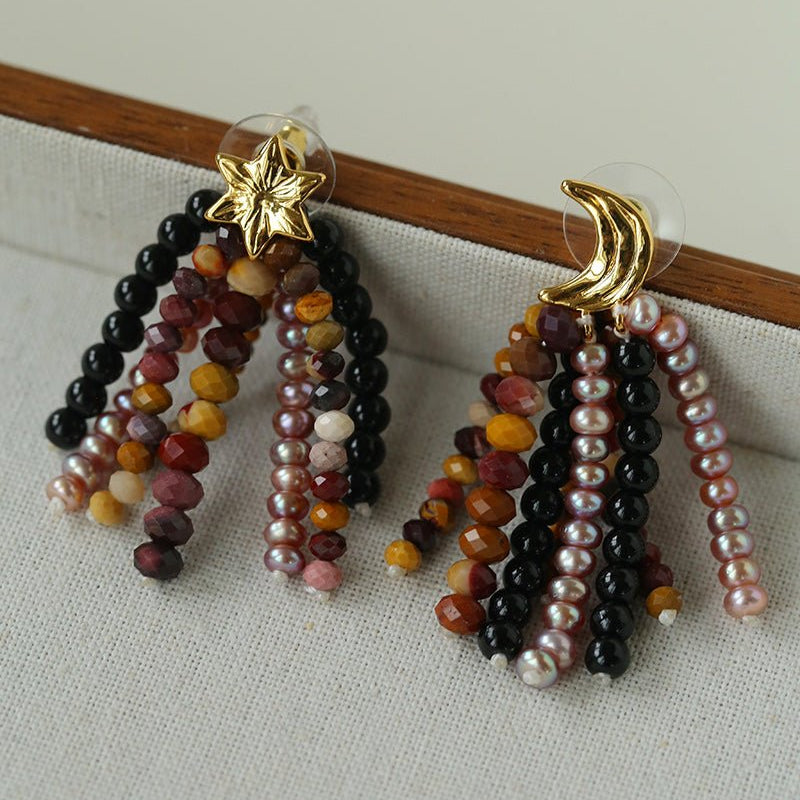 Kaguya Star & Moon Pearl Tassel Earrings - floysun