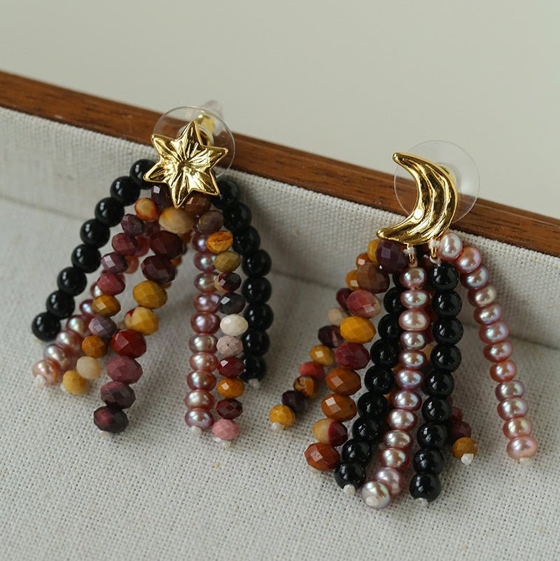 Kaguya Star & Moon Pearl Tassel Earrings - floysun