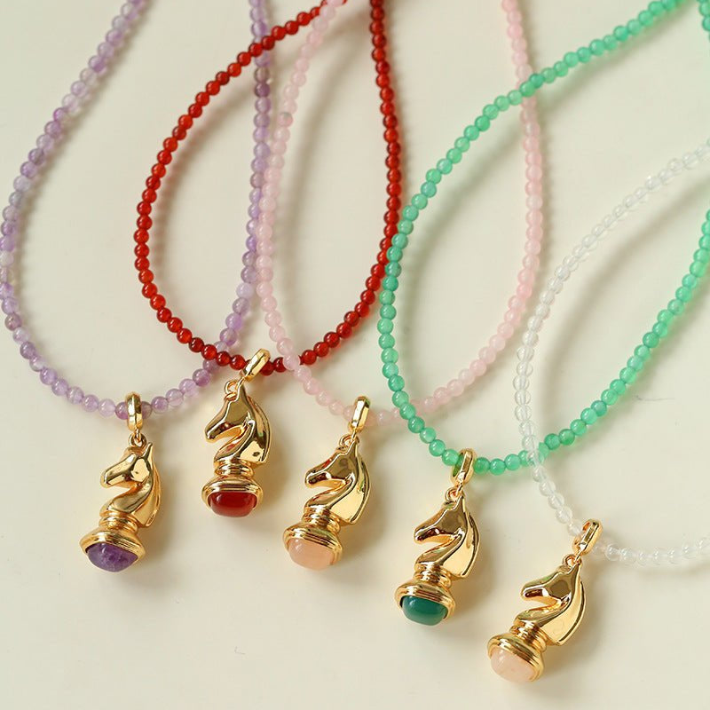 Knight Chess Horse Gemstone Beaded Necklace - floysun