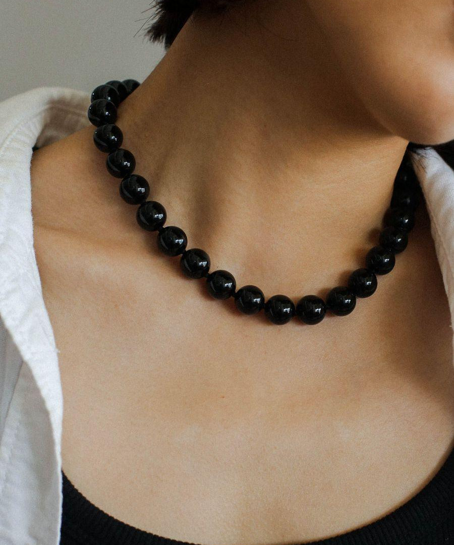Knotted 12mm Black Onyx Beaded Necklace - floysun