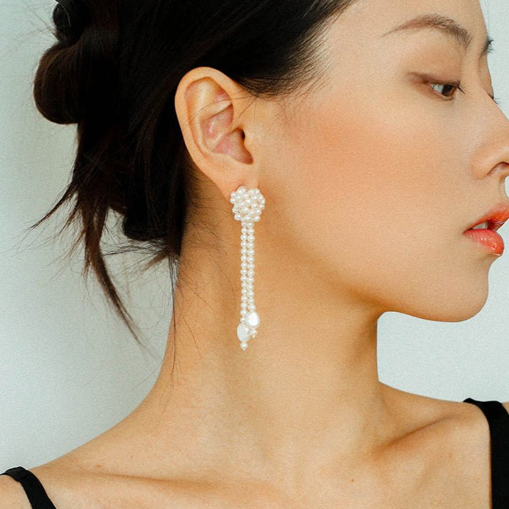 Knotted Weave Pearl Tassel Earrings - floysun
