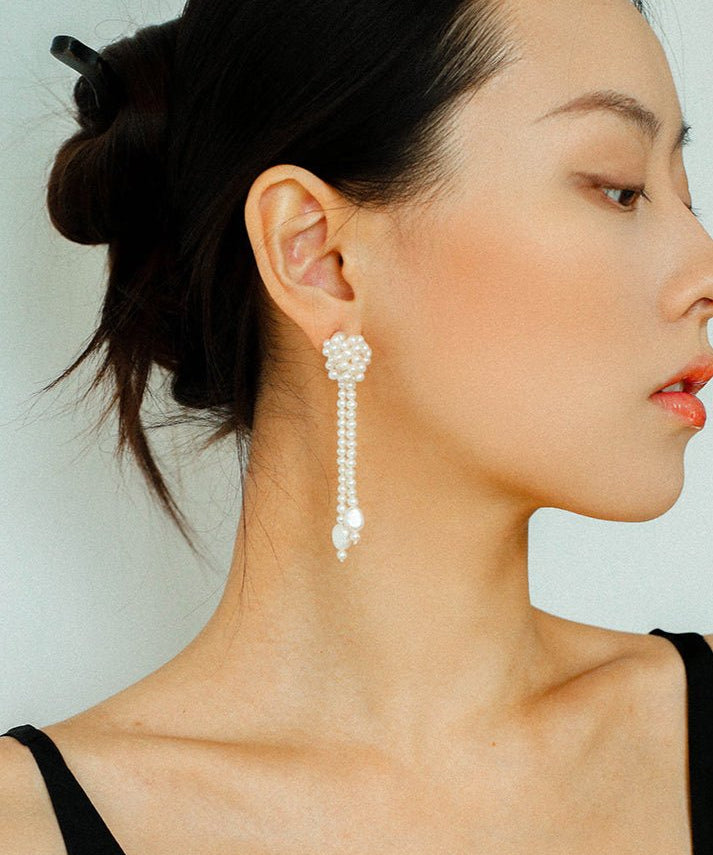 Knotted Weave Pearl Tassel Earrings - floysun