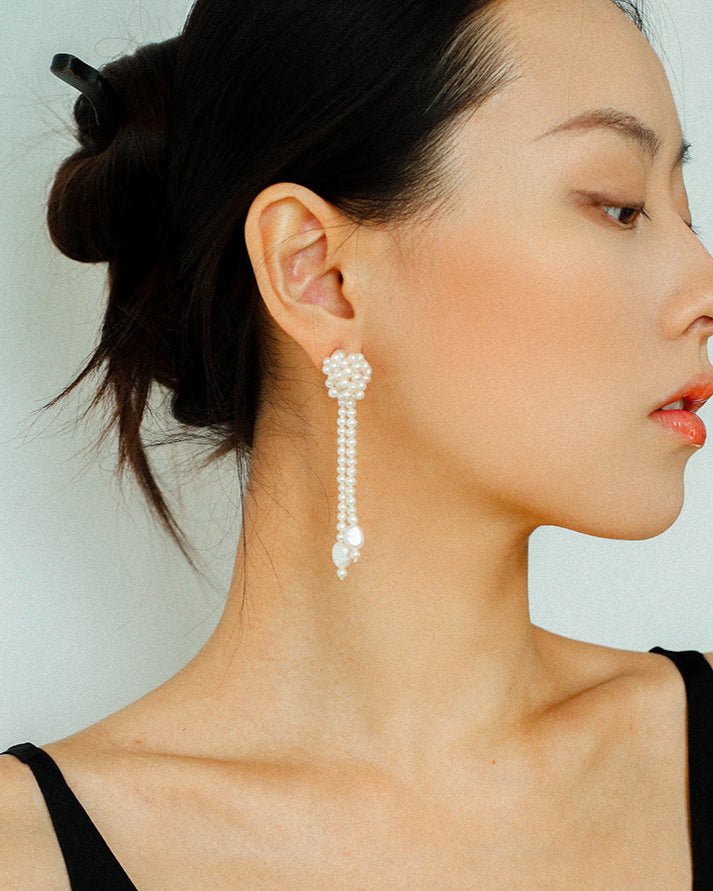 Knotted Weave Pearl Tassel Earrings - floysun