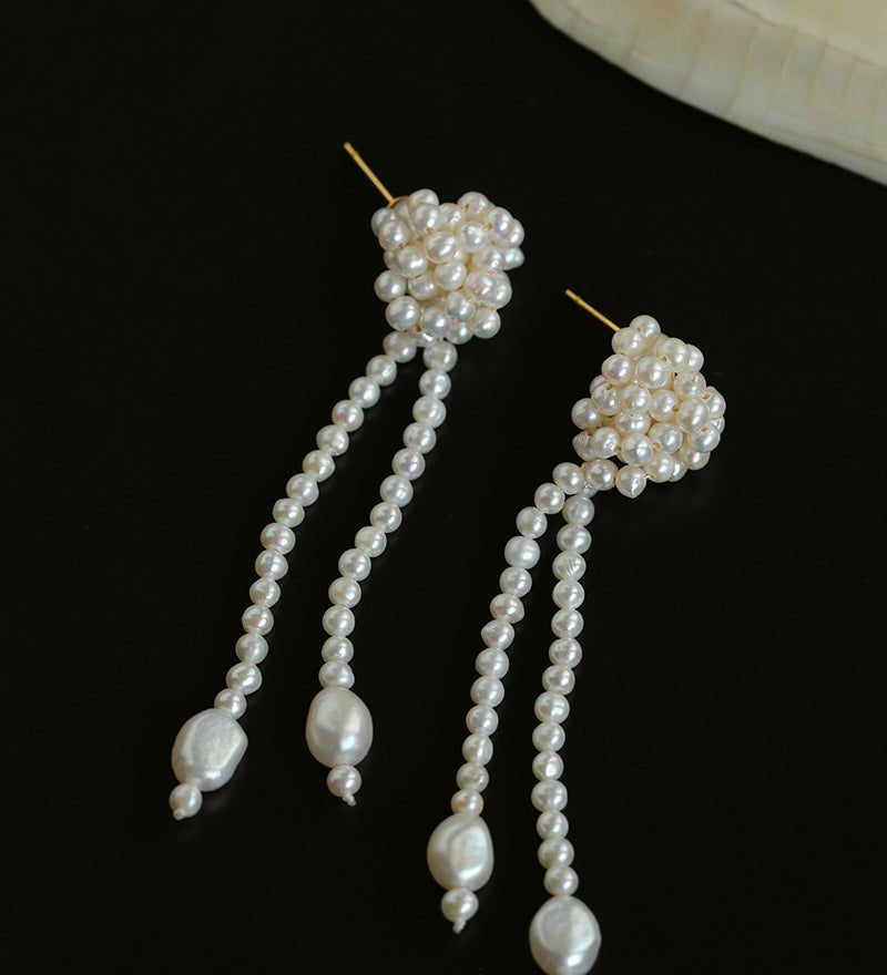 Knotted Weave Pearl Tassel Earrings - floysun