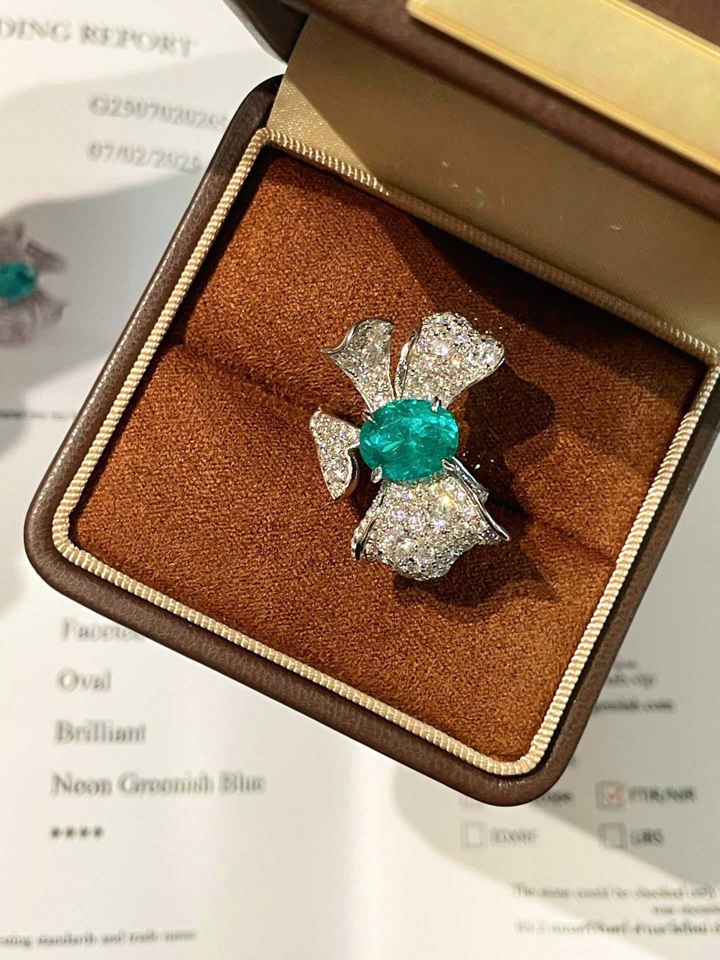 Lab - Created Paraiba & Diamond Bow Open Ring - floysun