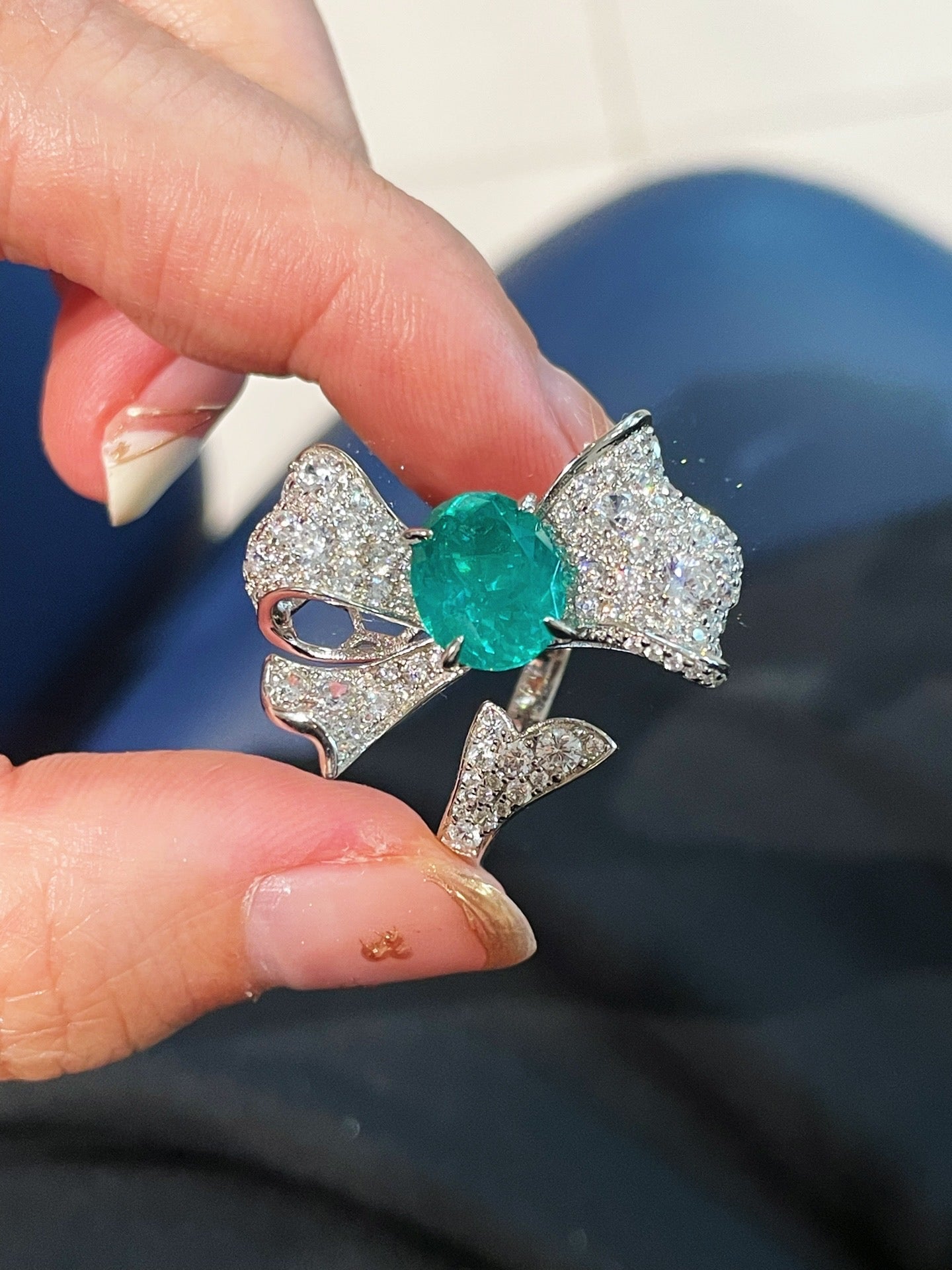 Lab - Created Paraiba & Diamond Bow Open Ring - floysun