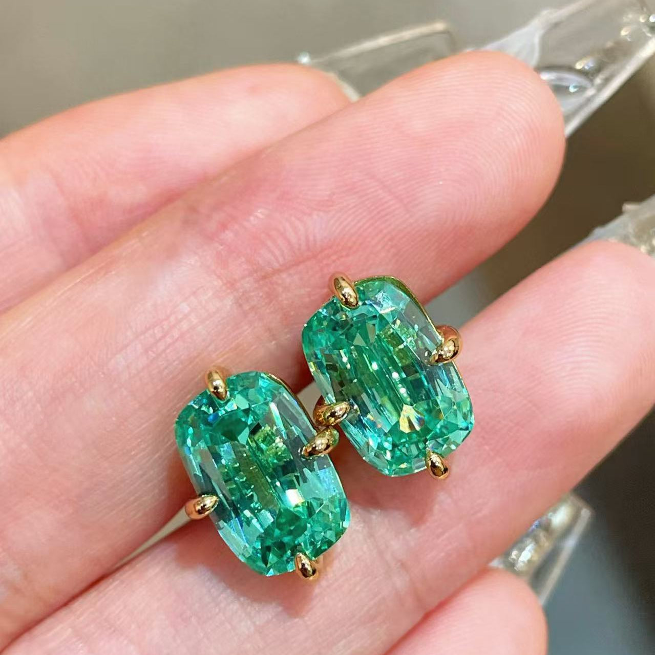 Lab-Grown Green Tourmaline Cushion Earrings - floysun