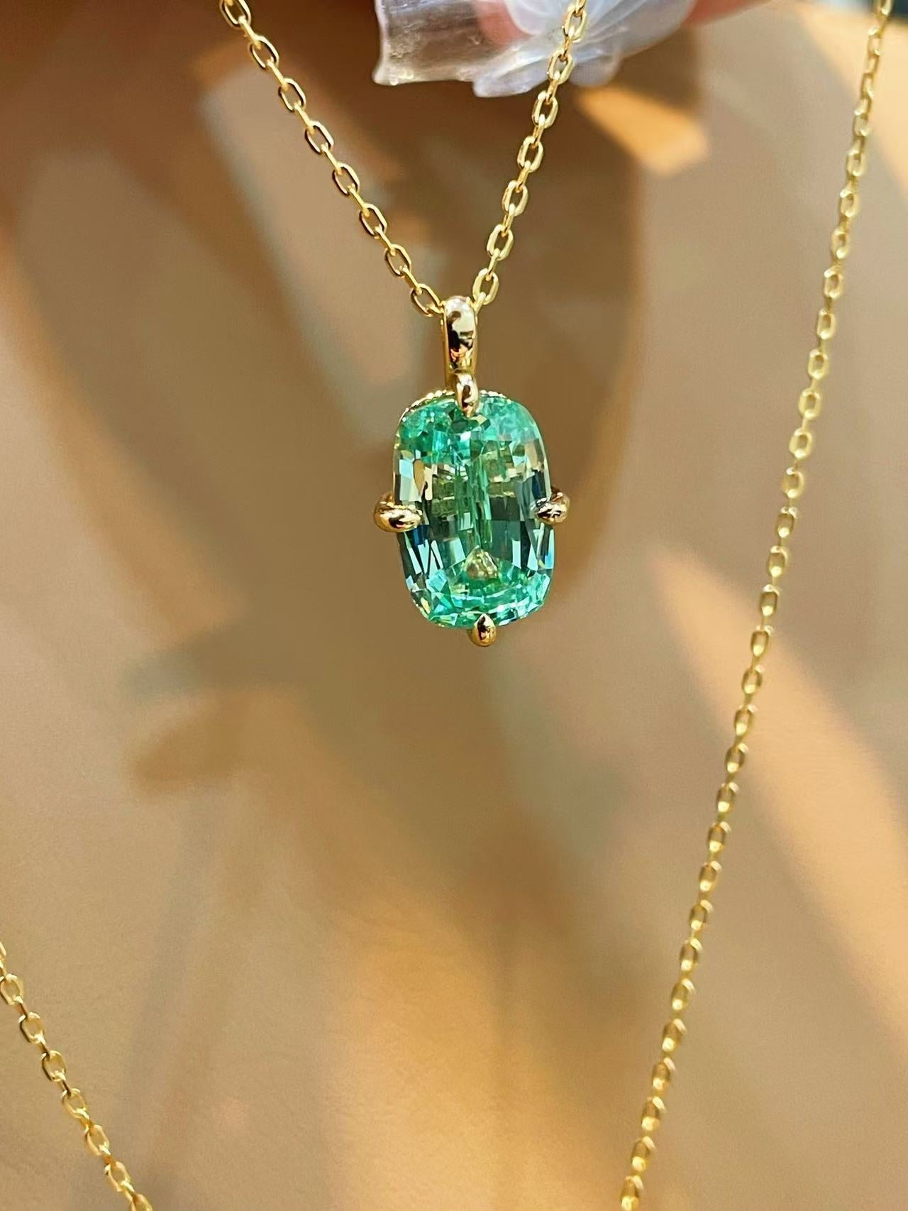 Lab-Grown Green Tourmaline Cushion Pendant Necklace - floysun