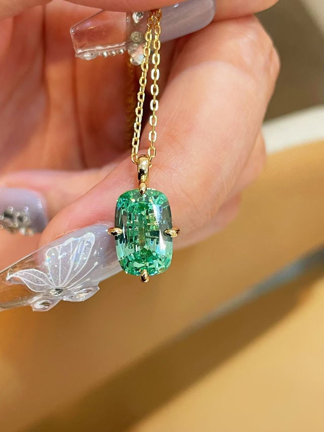 Lab-Grown Green Tourmaline Cushion Pendant Necklace - floysun
