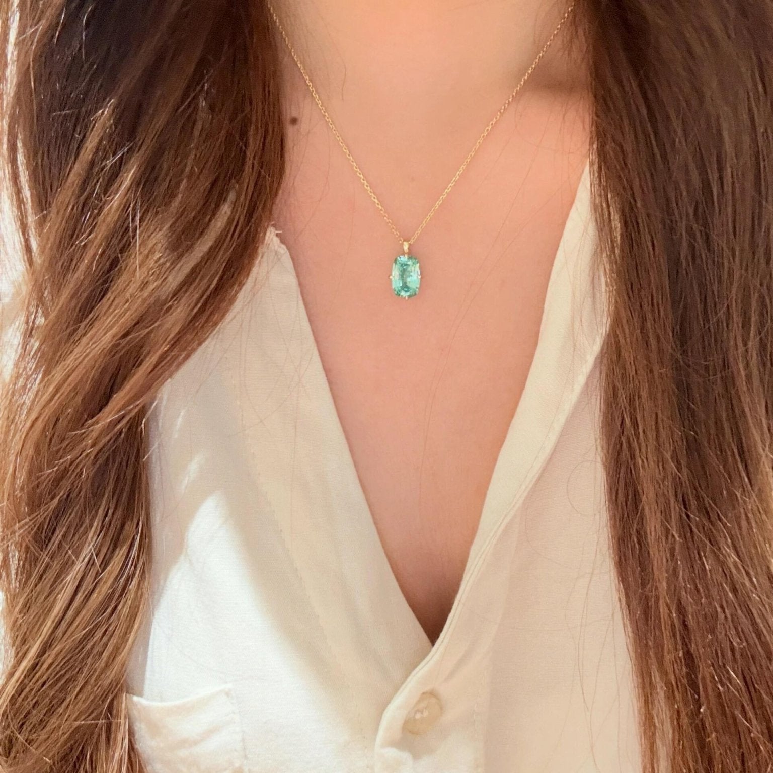 Lab-Grown Green Tourmaline Cushion Pendant Necklace - floysun