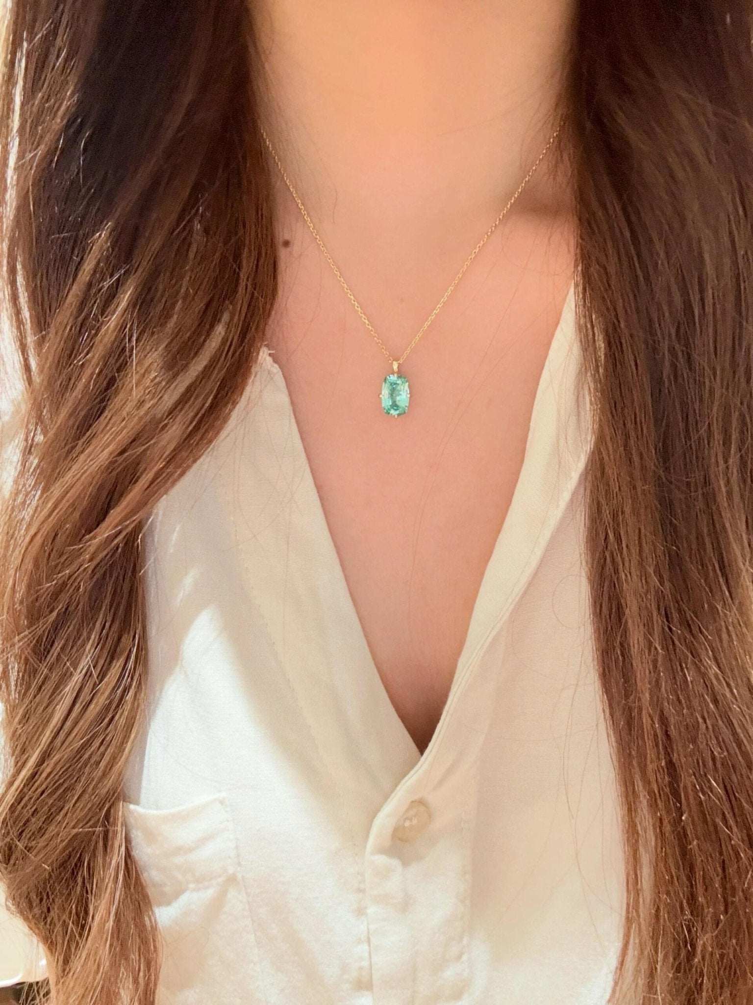 Lab-Grown Green Tourmaline Cushion Pendant Necklace - floysun