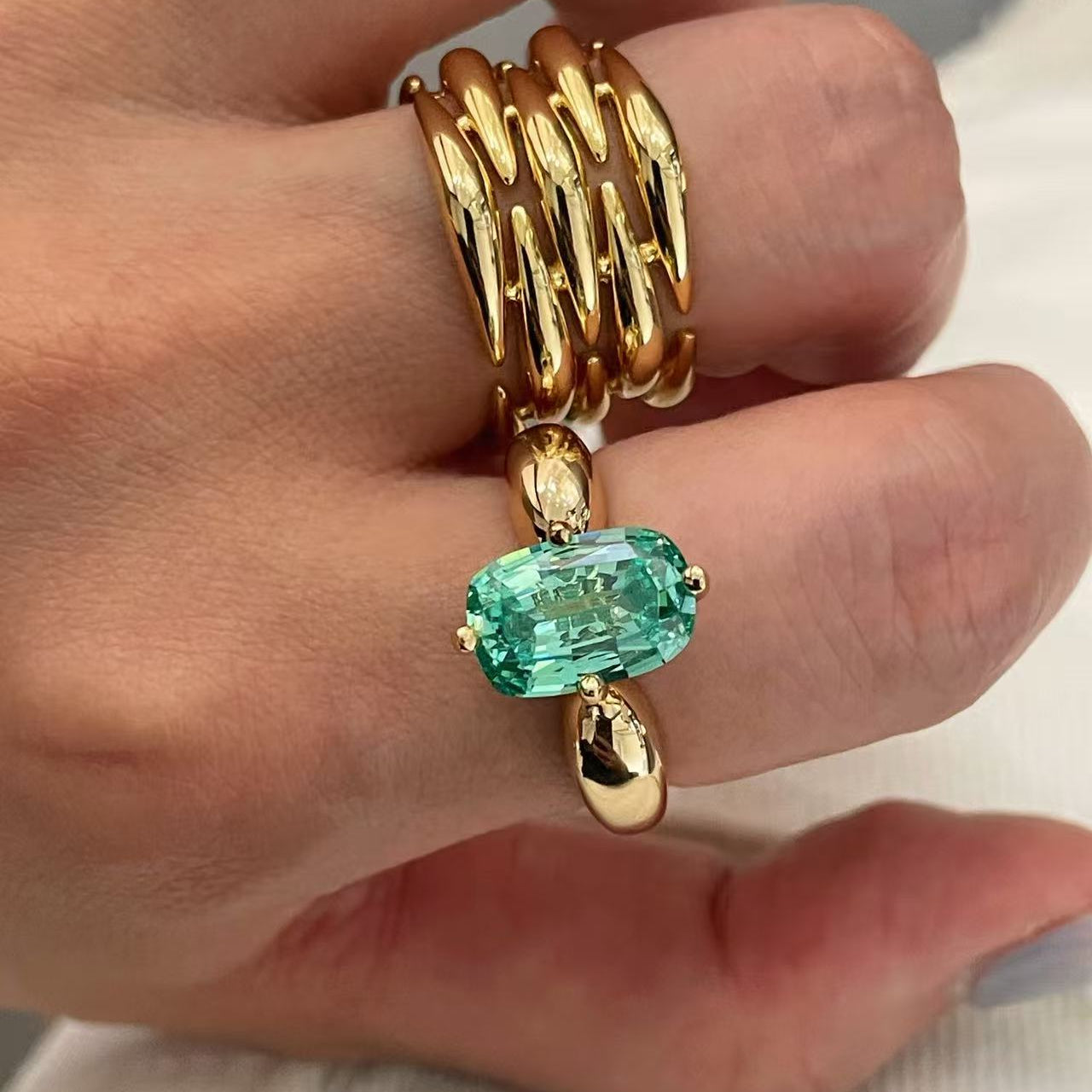 Lab-Grown Green Tourmaline Cushion Ring - floysun