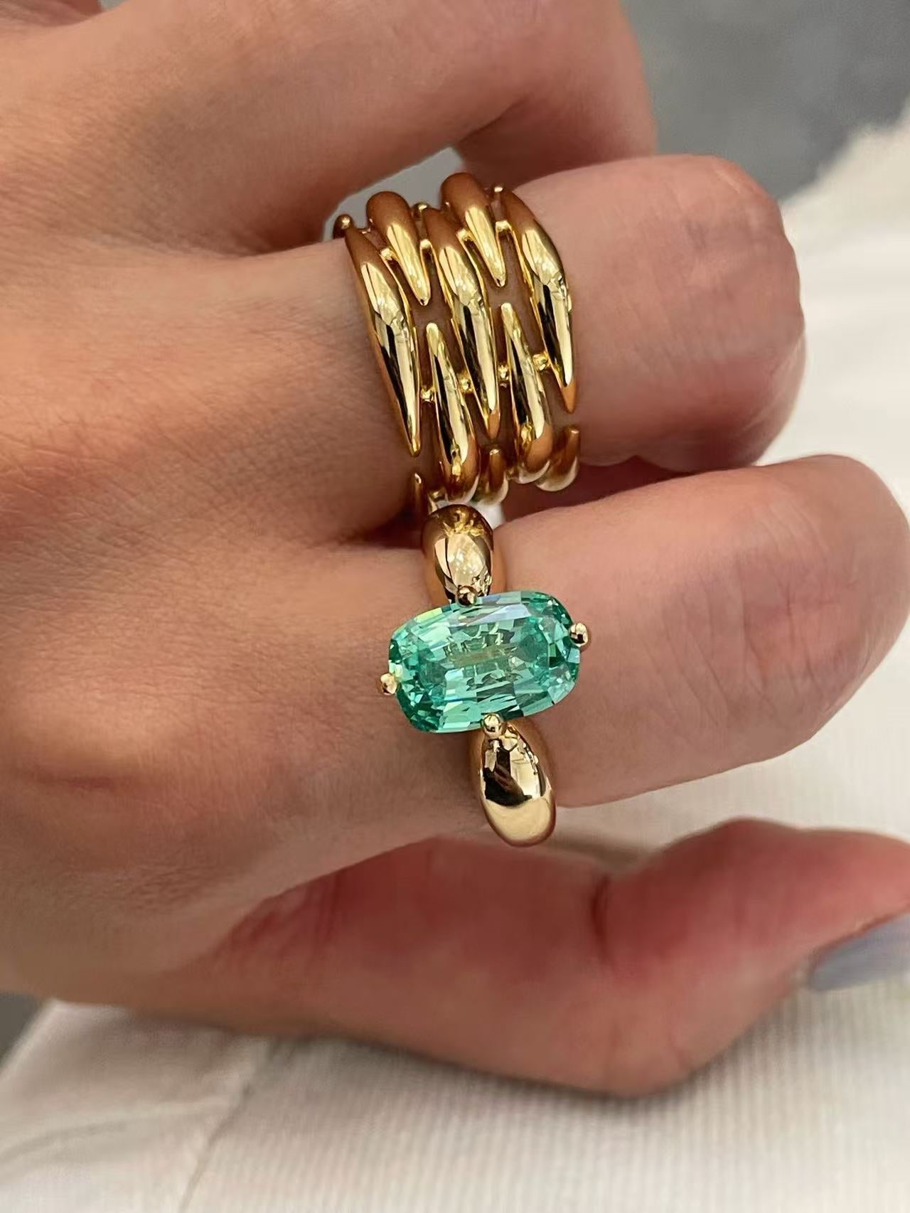 Lab-Grown Green Tourmaline Cushion Ring - floysun