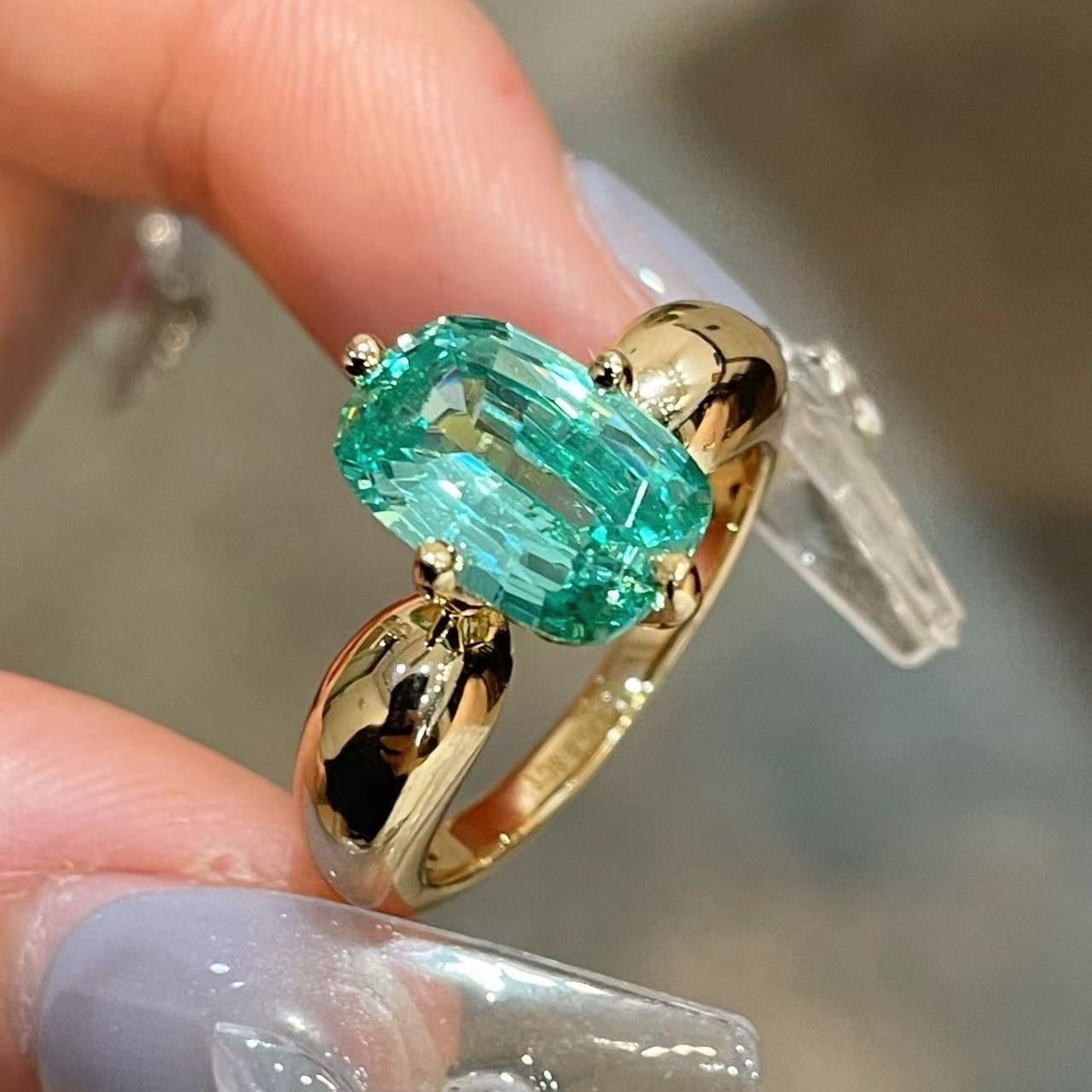Lab-Grown Green Tourmaline Cushion Ring - floysun