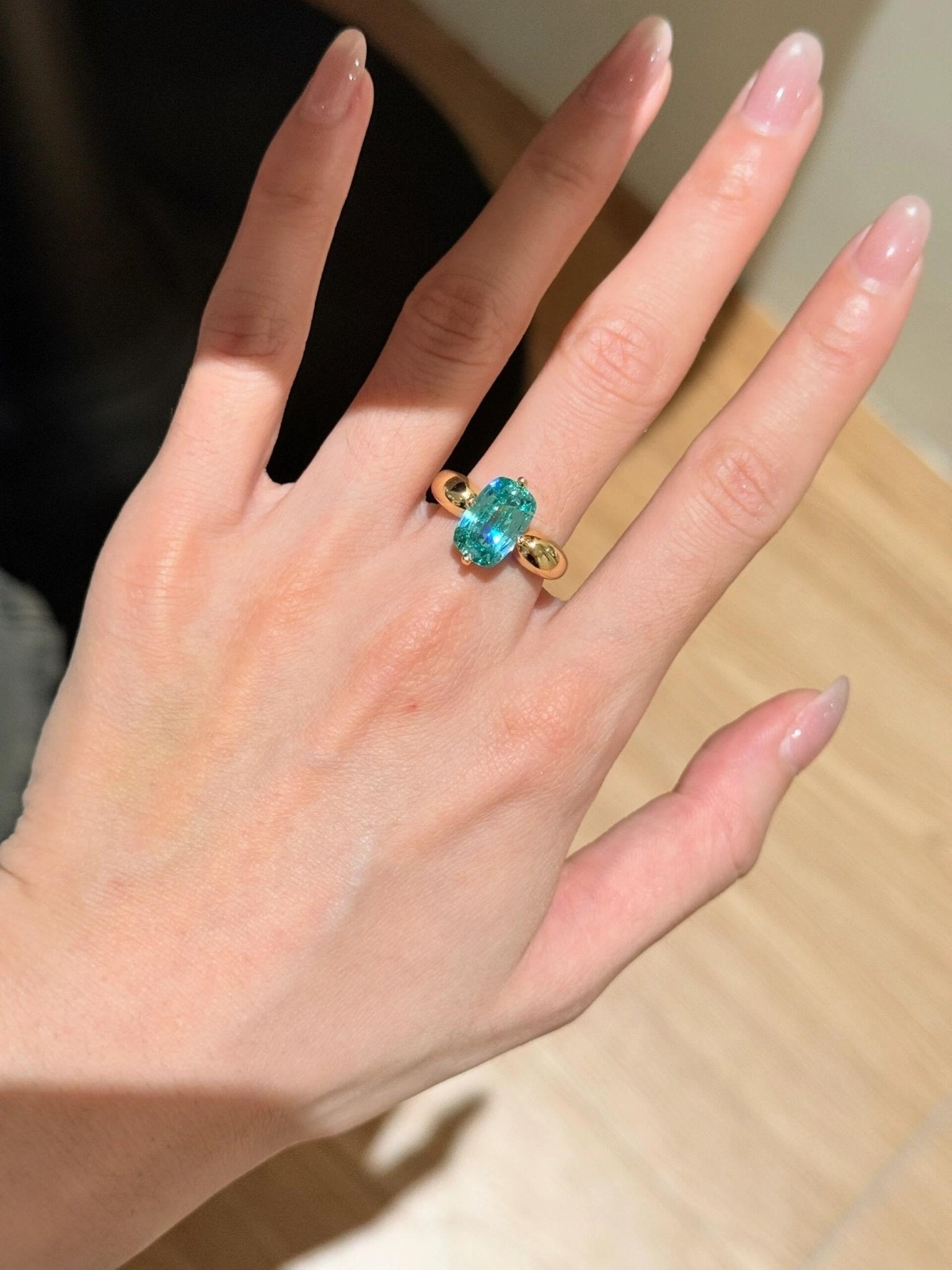 Lab-Grown Green Tourmaline Cushion Ring - floysun
