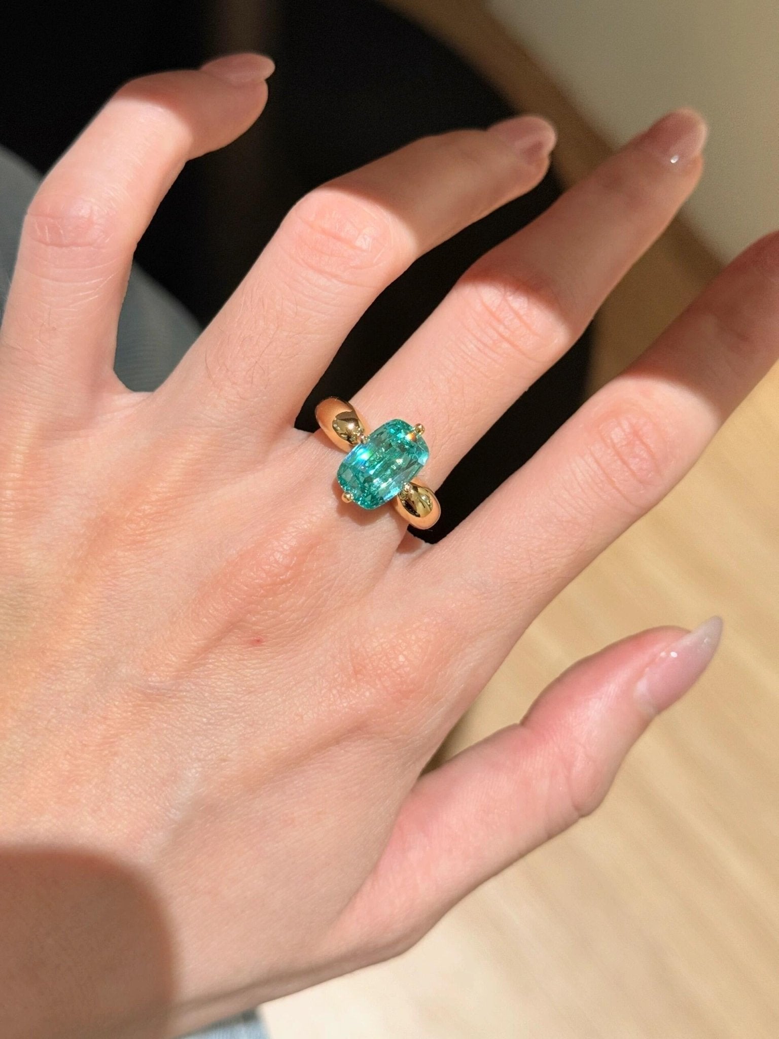 Lab-Grown Green Tourmaline Cushion Ring - floysun