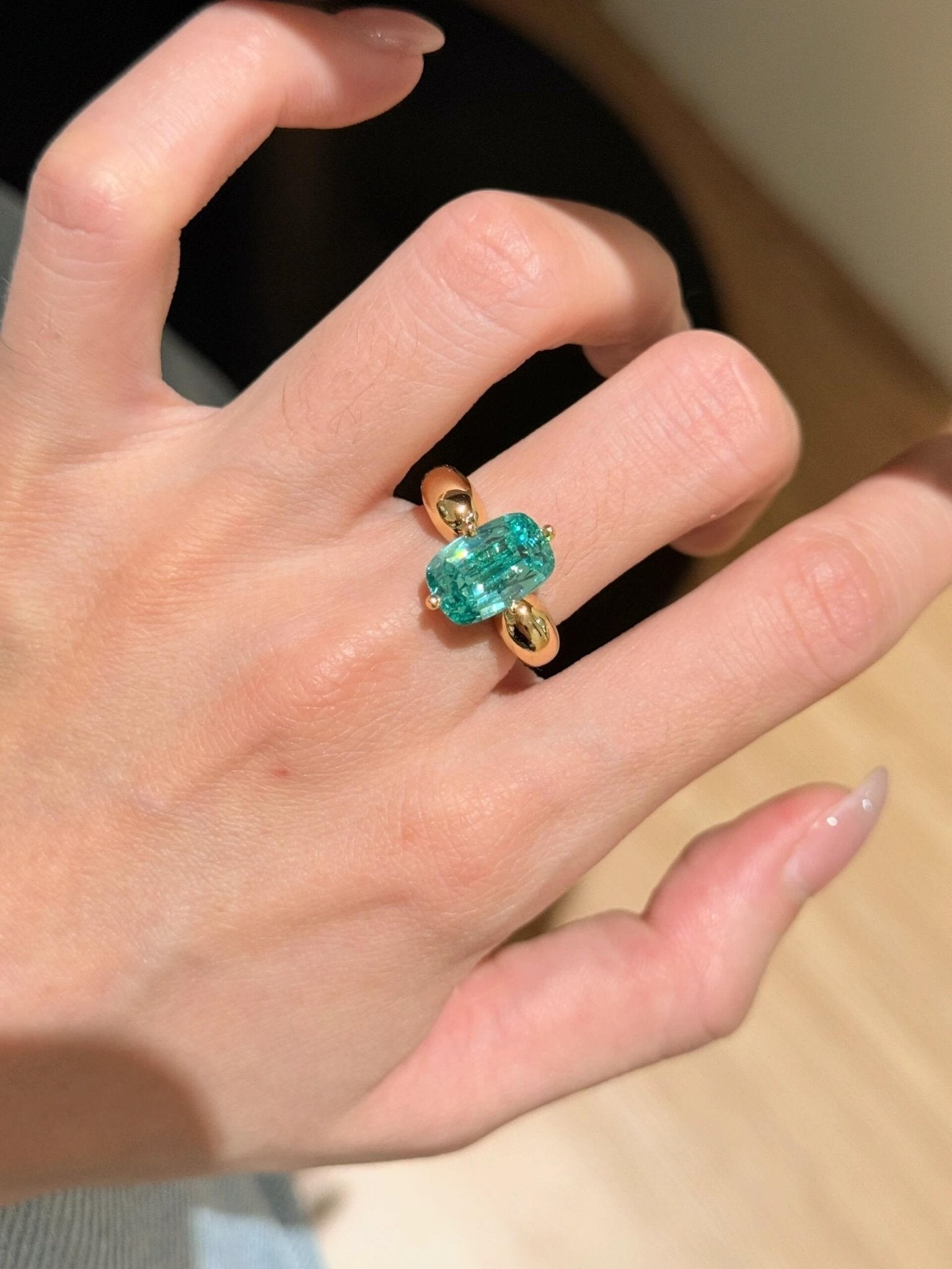 Lab-Grown Green Tourmaline Cushion Ring - floysun