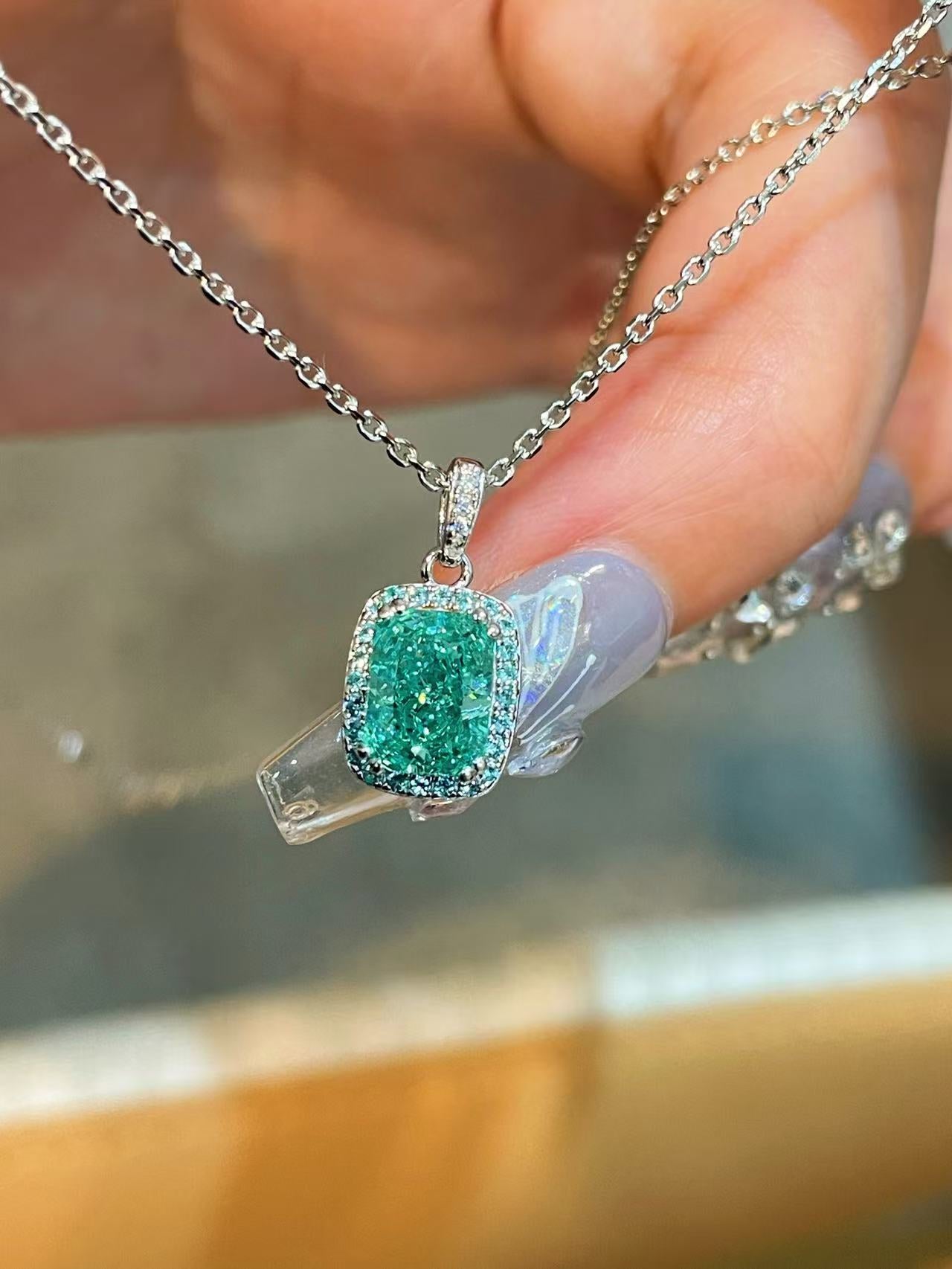 Lab-Grown Paraiba Tourmaline Cushion Pendant Necklace - floysun
