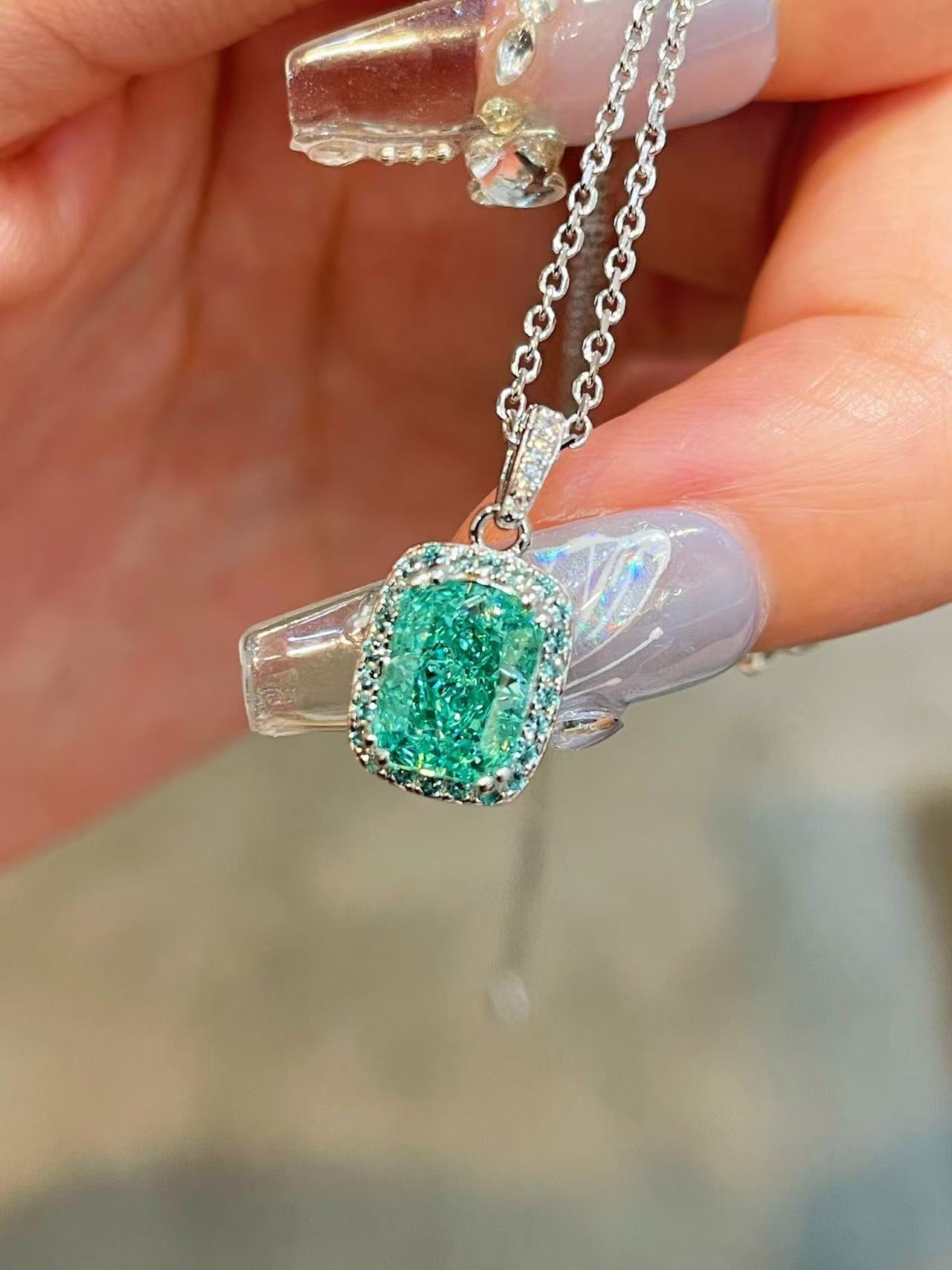Lab-Grown Paraiba Tourmaline Cushion Pendant Necklace - floysun
