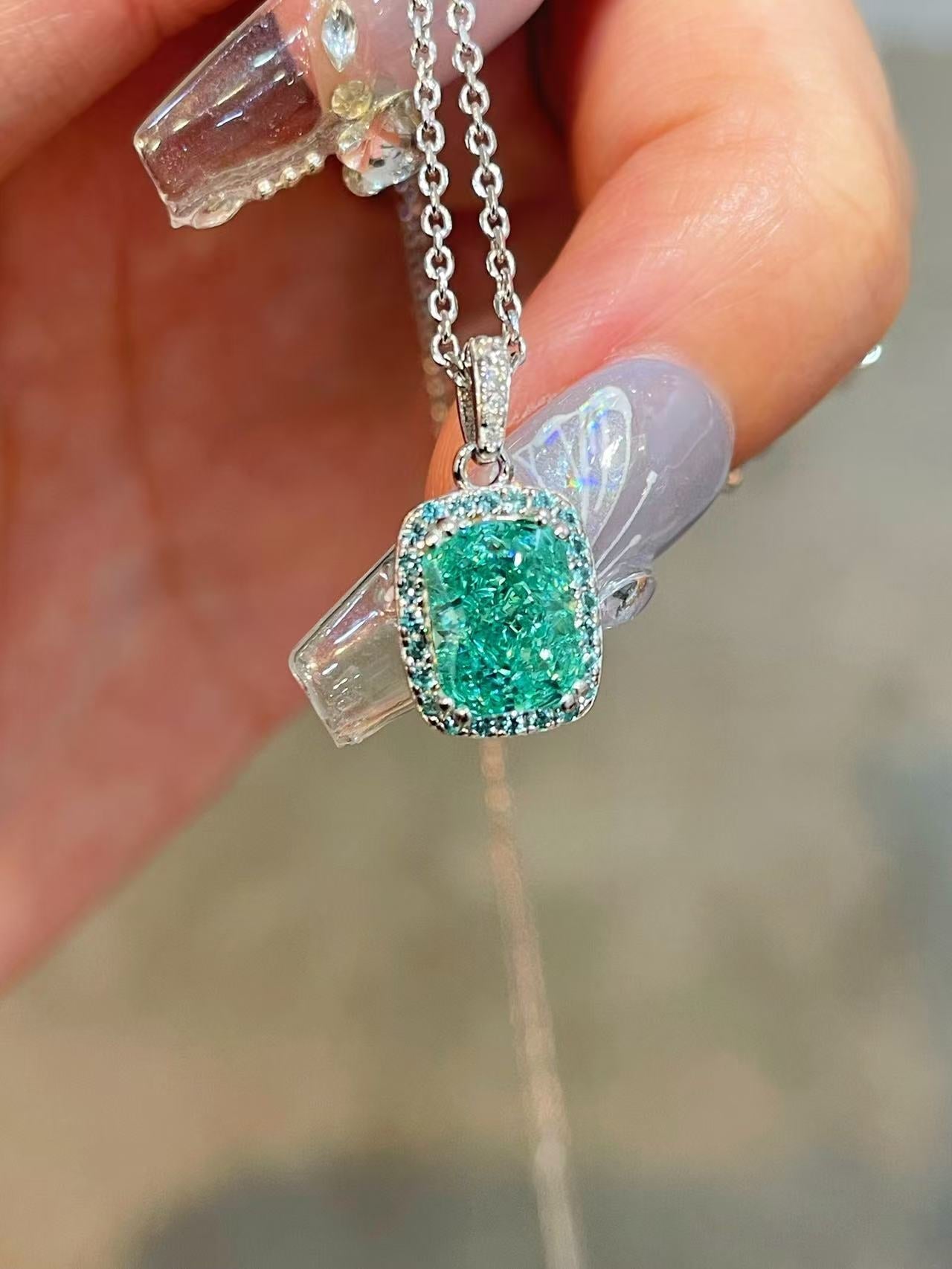 Lab-Grown Paraiba Tourmaline Cushion Pendant Necklace - floysun