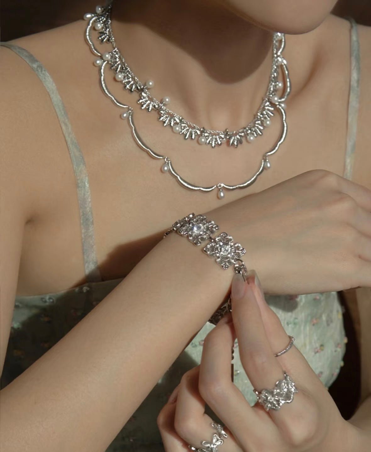 Lace Flower Pearl Choker Necklace – 925 Sterling Silver - floysun