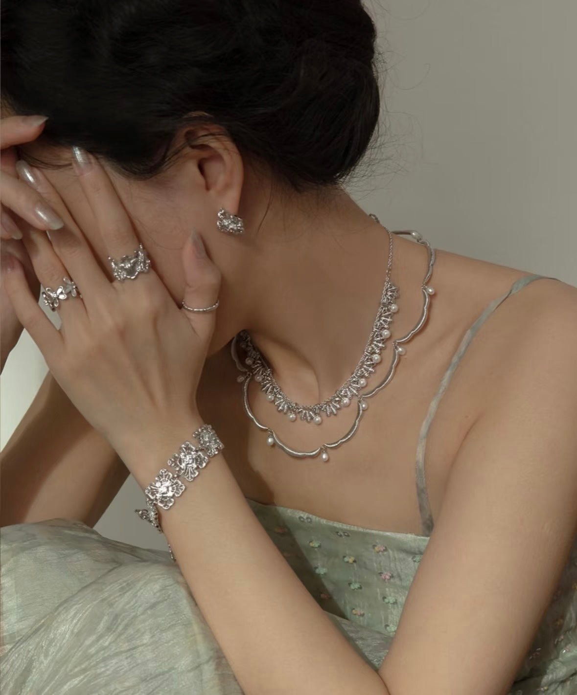 Lace Flower Pearl Choker Necklace – 925 Sterling Silver - floysun