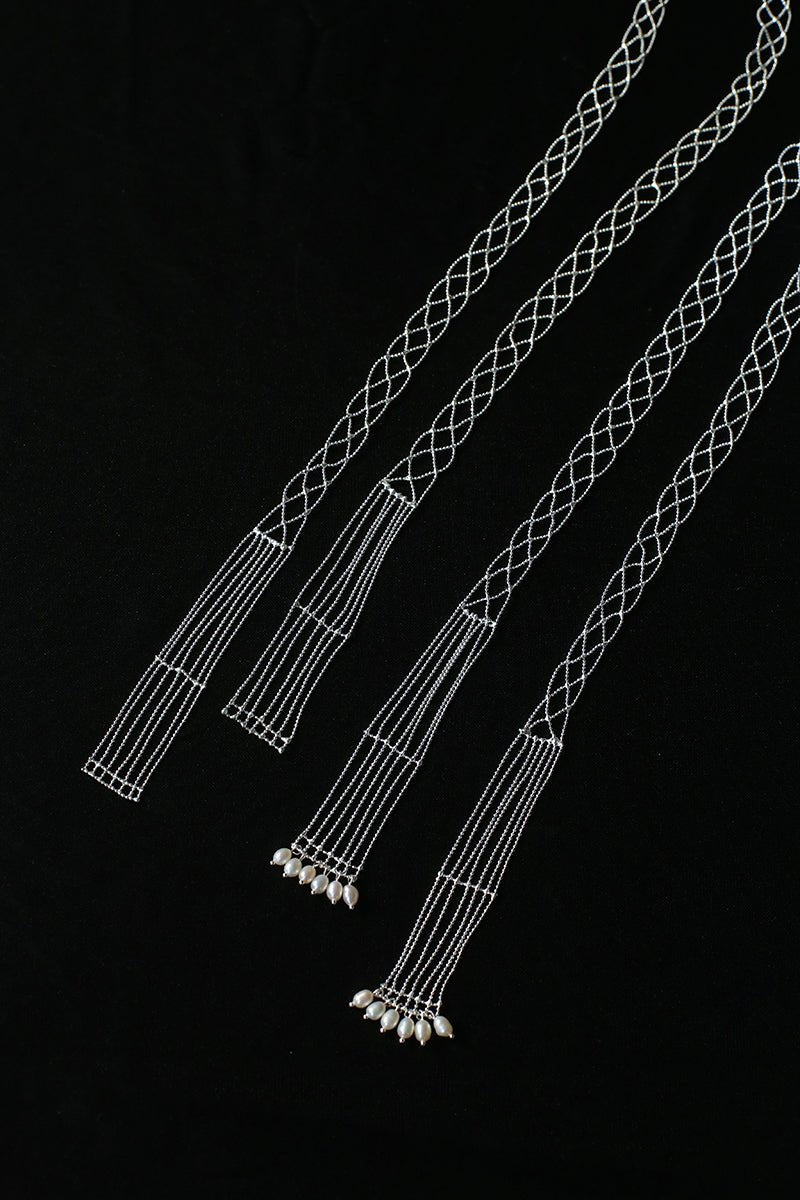 Lace Veil Metallic Long Necklace – Silver With Pearls - floysun