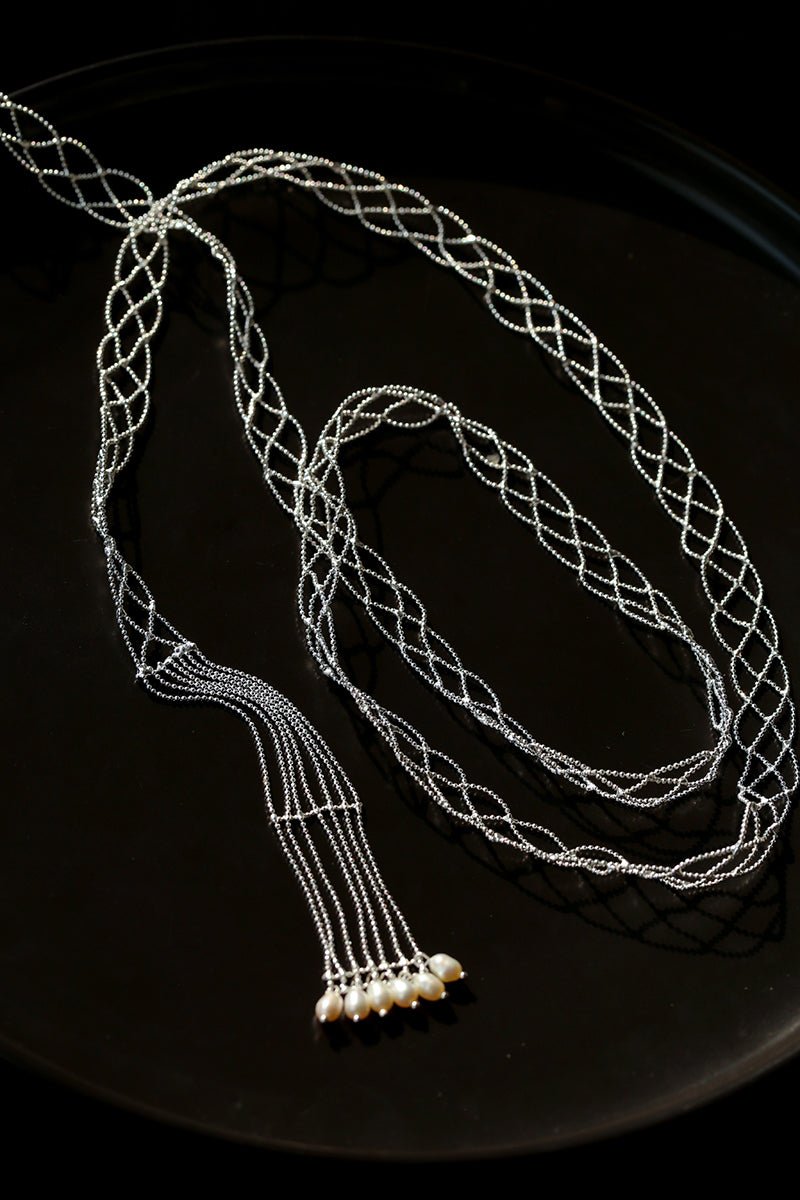 Lace Veil Metallic Long Necklace – Silver With Pearls - floysun