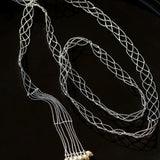 Lace Veil Metallic Long Necklace – Silver With Pearls - floysun