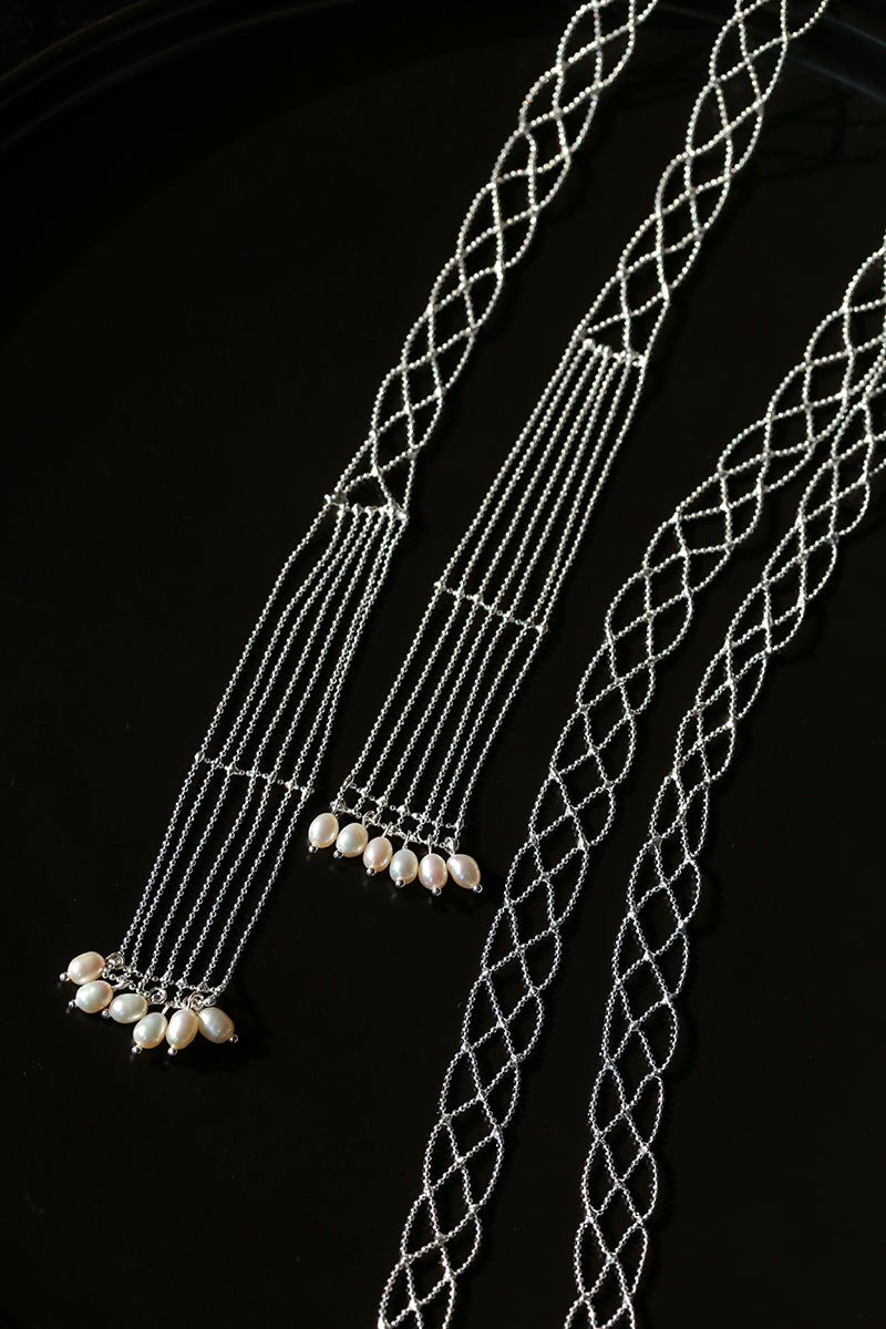 Lace Veil Metallic Long Necklace – Silver With Pearls - floysun