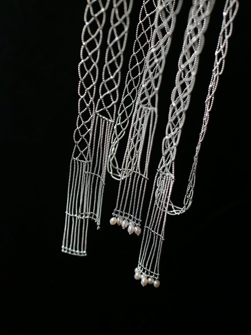 Lace Veil Metallic Long Necklace – Silver With Pearls - floysun