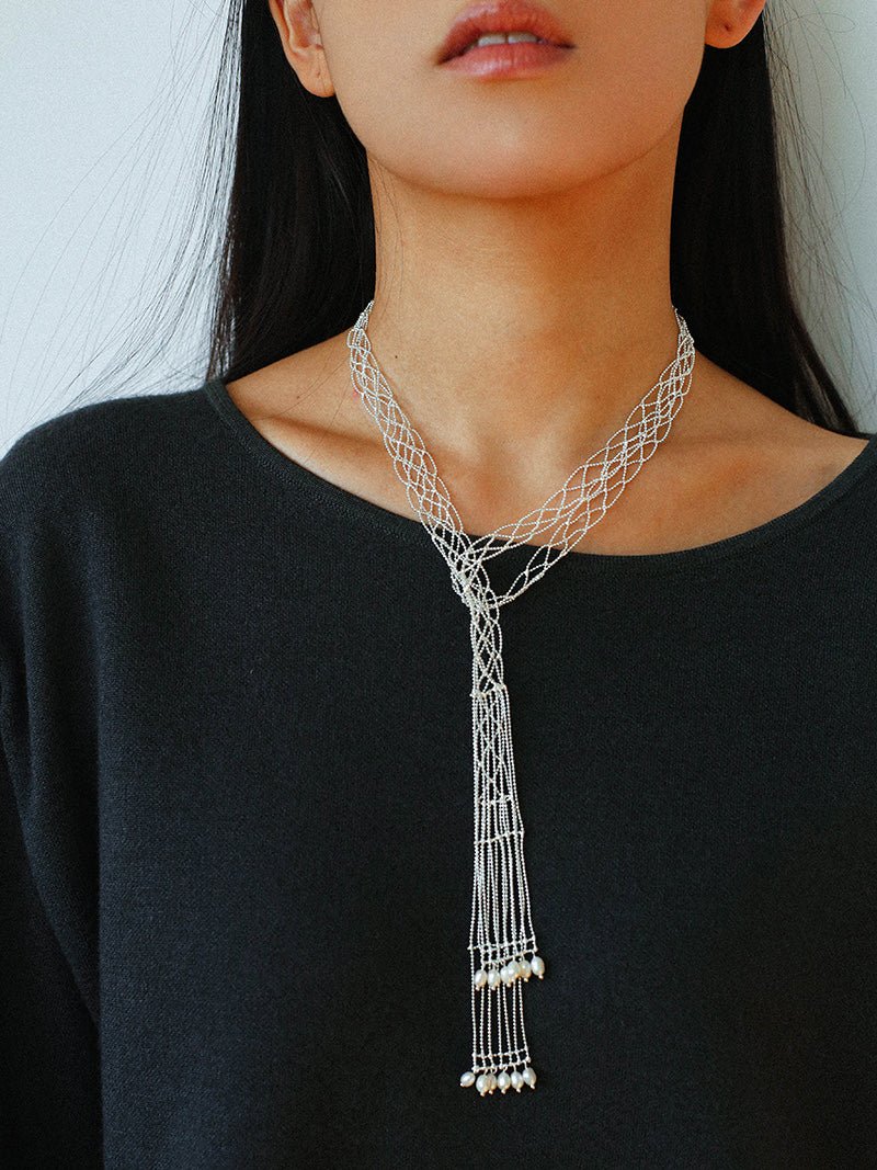 Lace Veil Metallic Long Necklace – Silver With Pearls - floysun