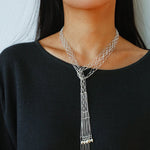Lace Veil Metallic Long Necklace – Silver With Pearls - floysun