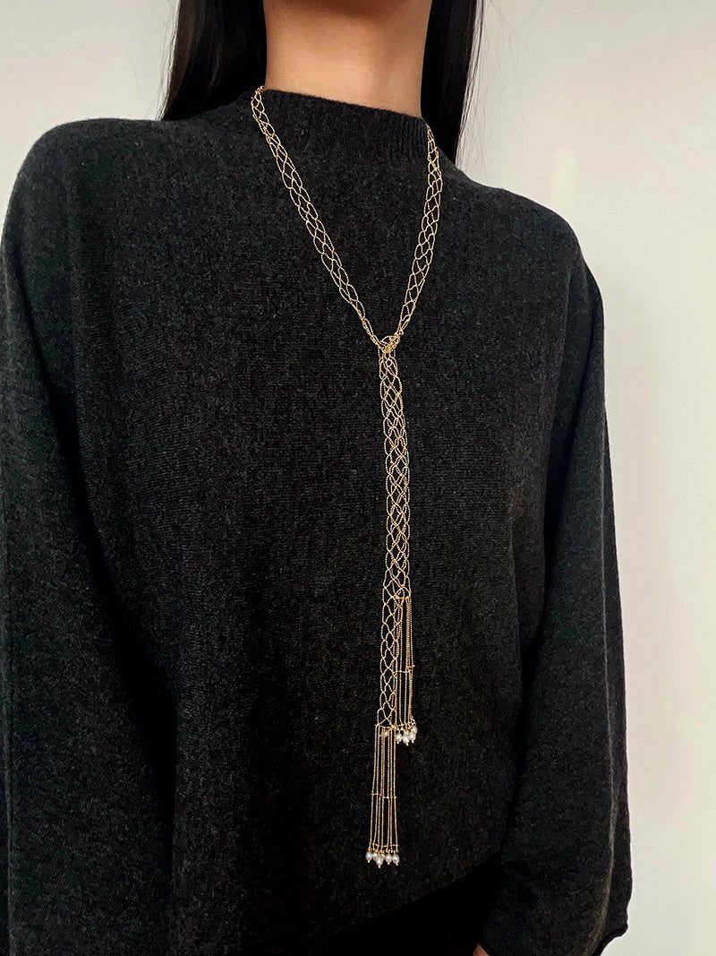 Lace Veil Metallic Long Necklace – Silver With Pearls - floysun